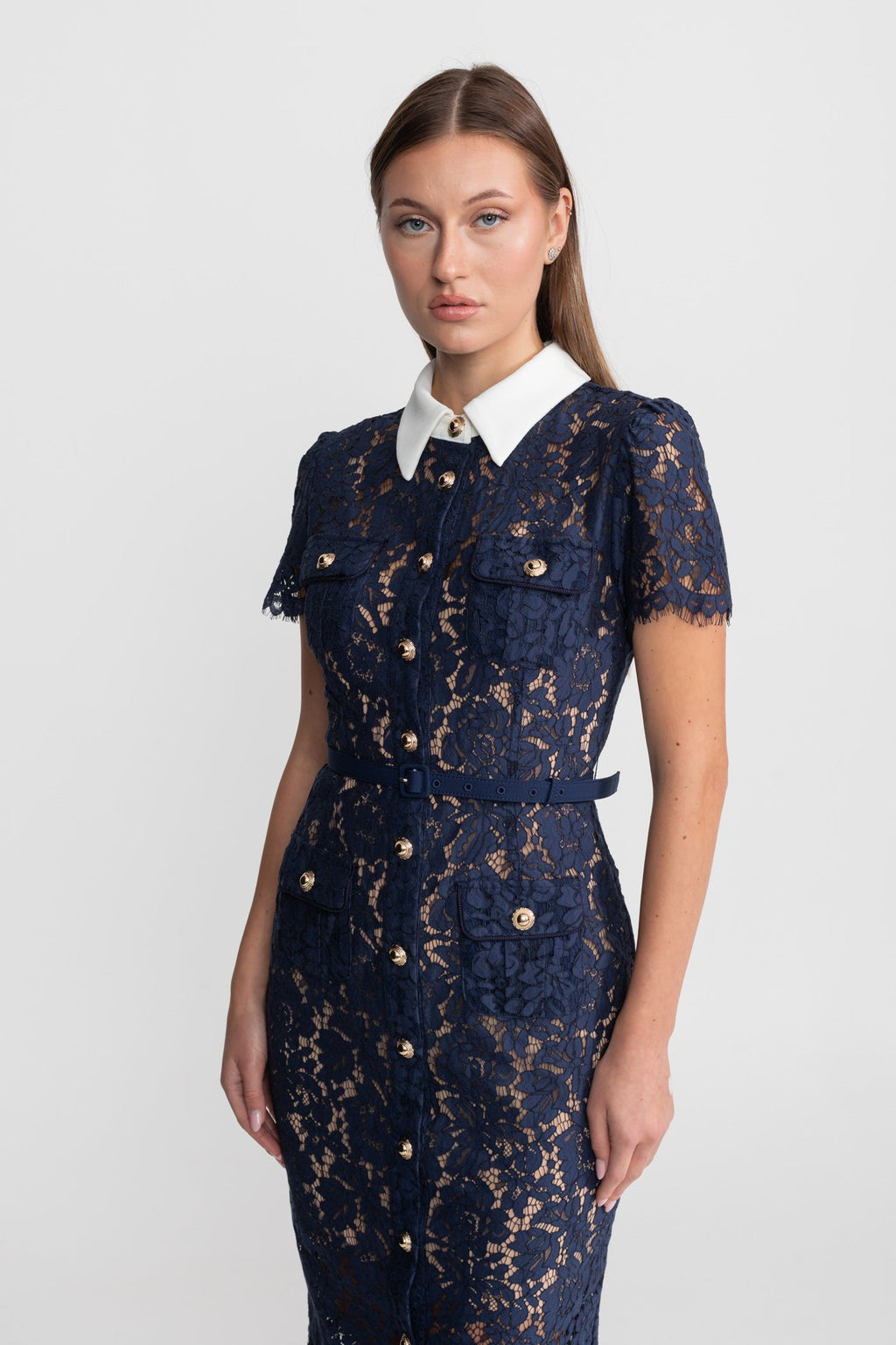 Floral Lace Midi Dress with Tailored Collar and Belted Waist - Navy