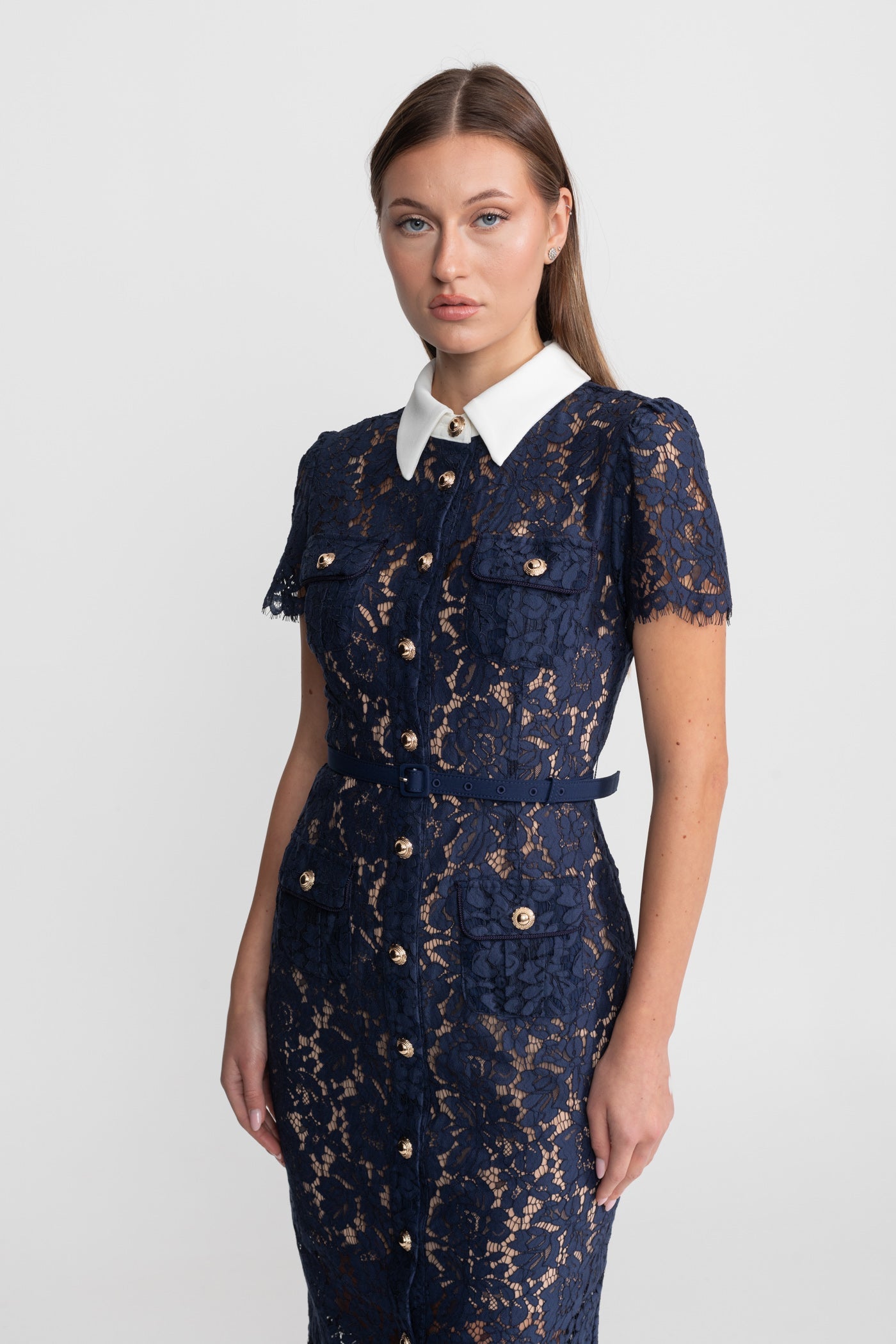 Floral Lace Midi Dress with Tailored Collar and Belted Waist - Navy