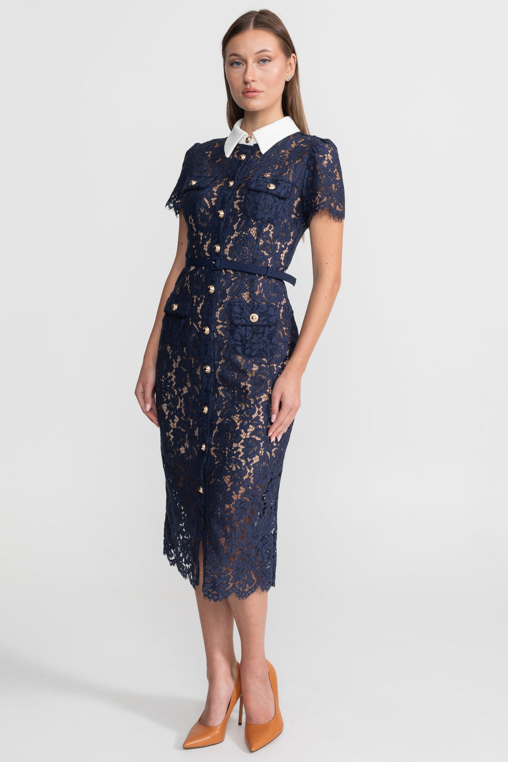 Floral Lace Midi Dress with Tailored Collar and Belted Waist - Navy