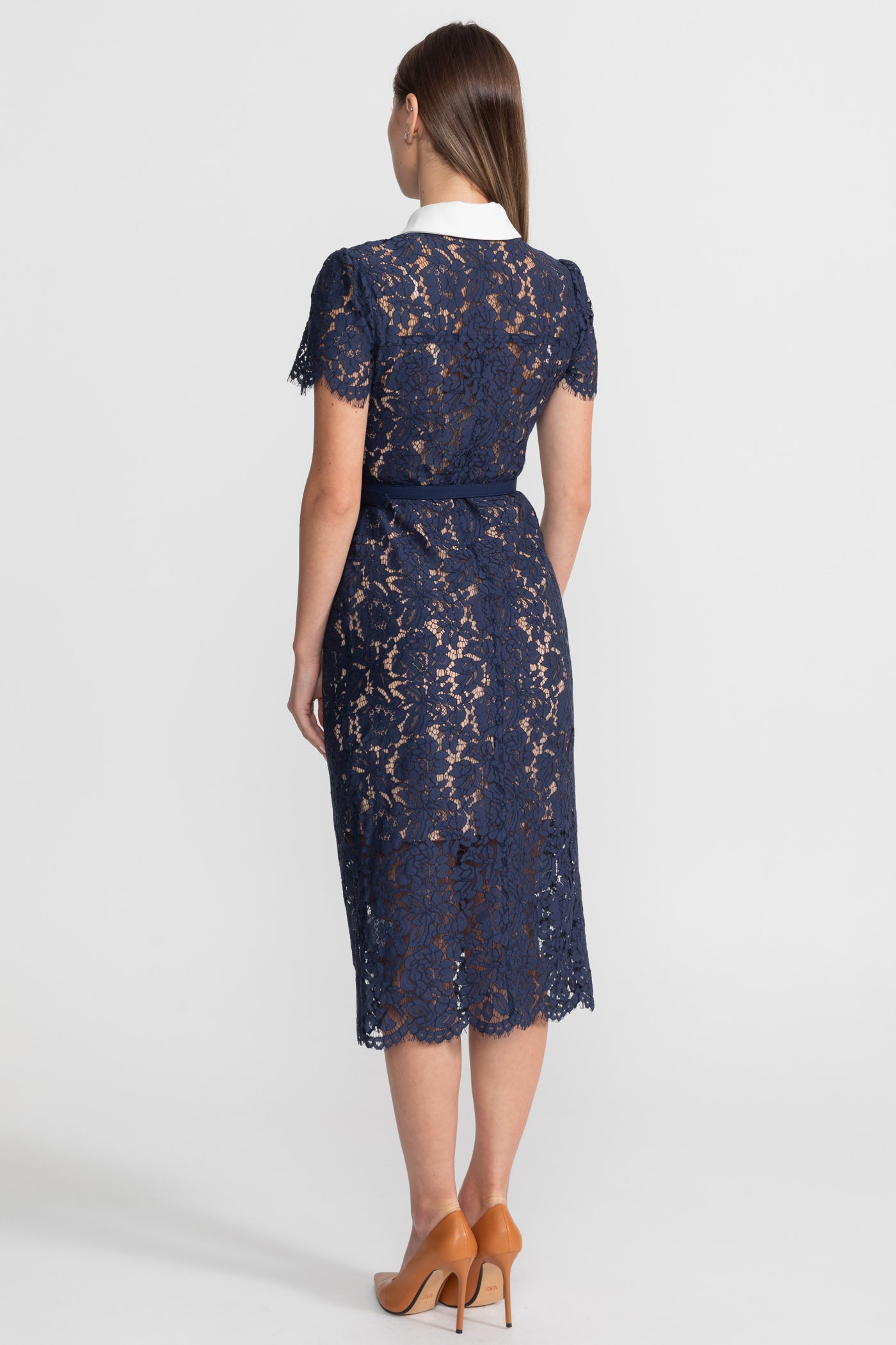 Floral Lace Midi Dress with Tailored Collar and Belted Waist - Navy