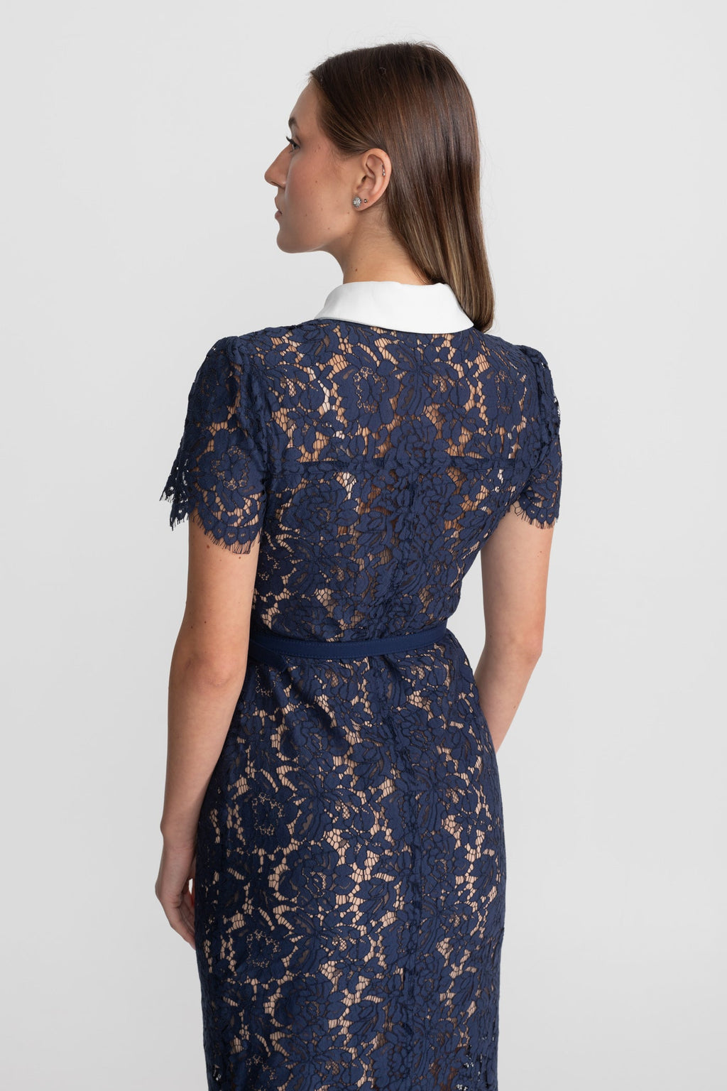 Floral Lace Midi Dress with Tailored Collar and Belted Waist - Navy