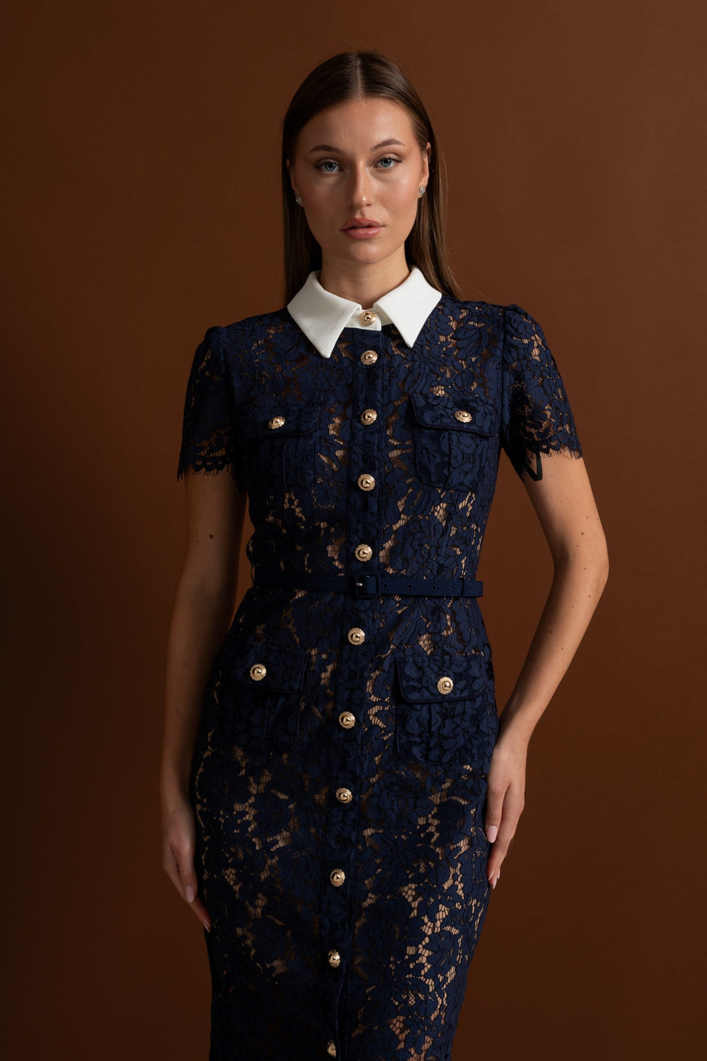 Floral Lace Midi Dress with Tailored Collar and Belted Waist - Navy
