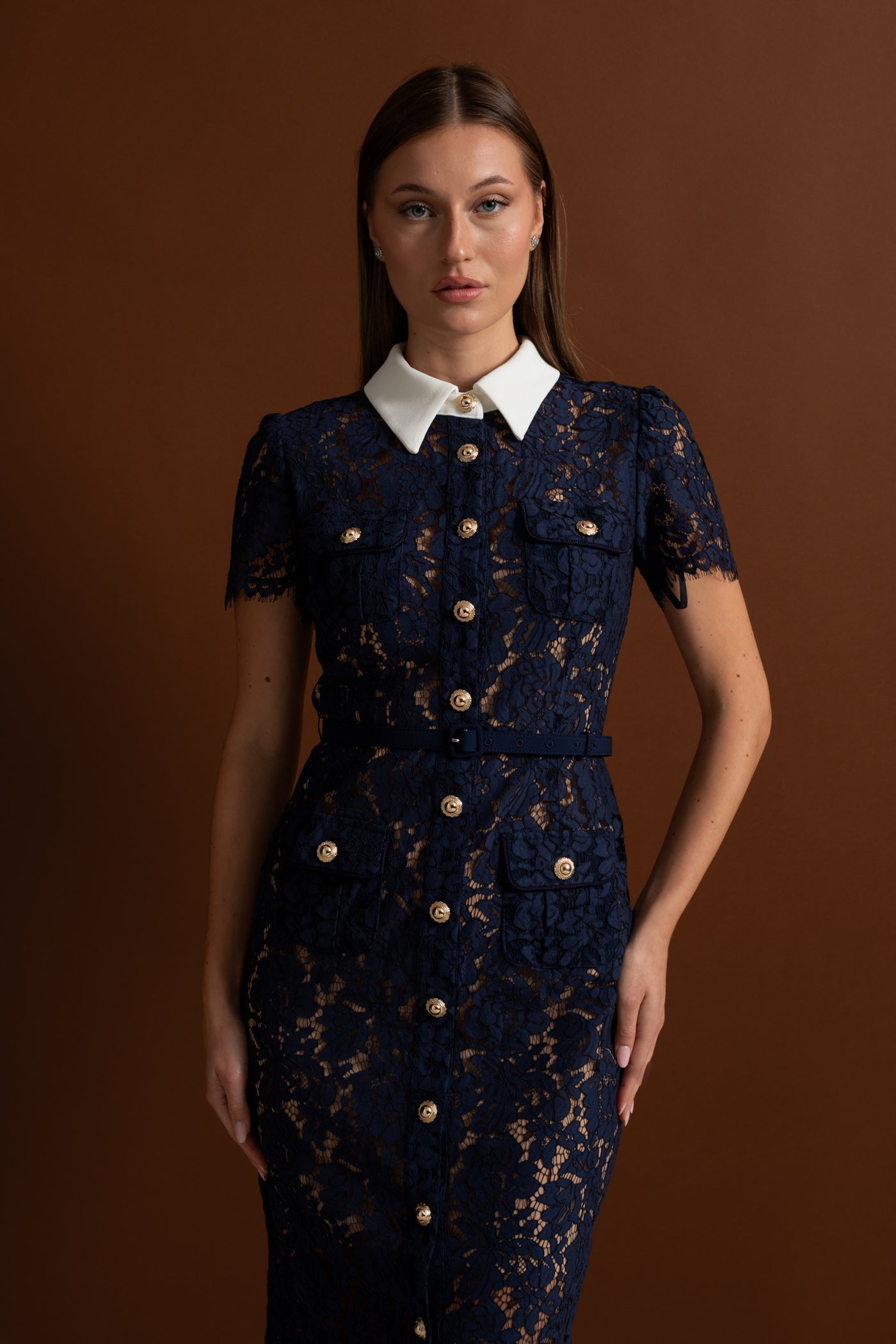 Floral Lace Midi Dress with Tailored Collar and Belted Waist - Navy
