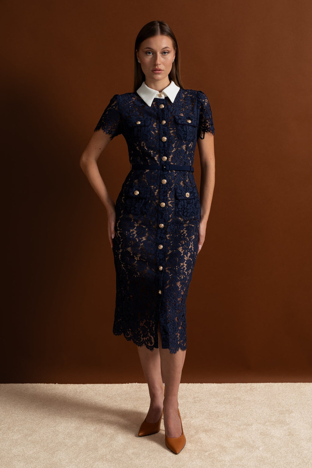 Floral Lace Midi Dress with Tailored Collar and Belted Waist - Navy