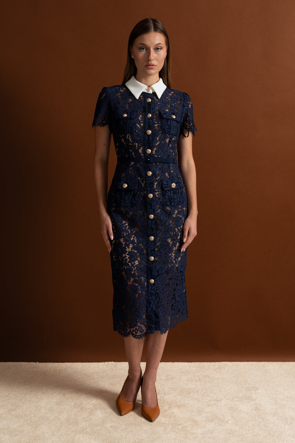 Floral Lace Midi Dress with Tailored Collar and Belted Waist - Navy