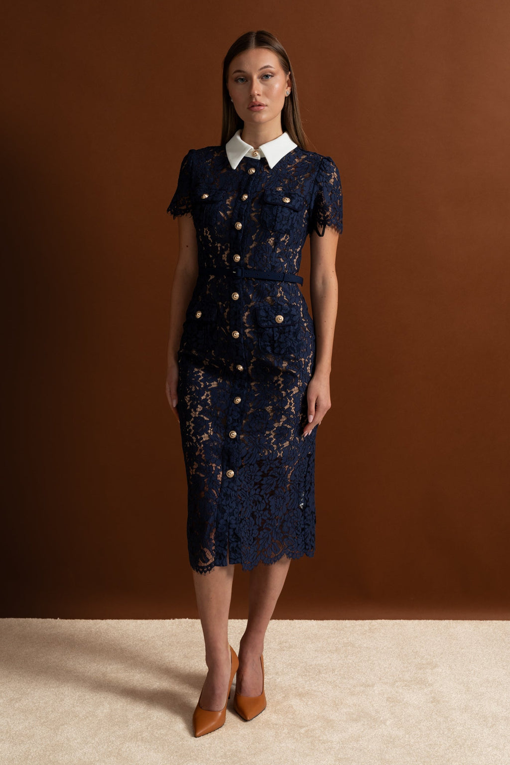 Floral Lace Midi Dress with Tailored Collar and Belted Waist - Navy
