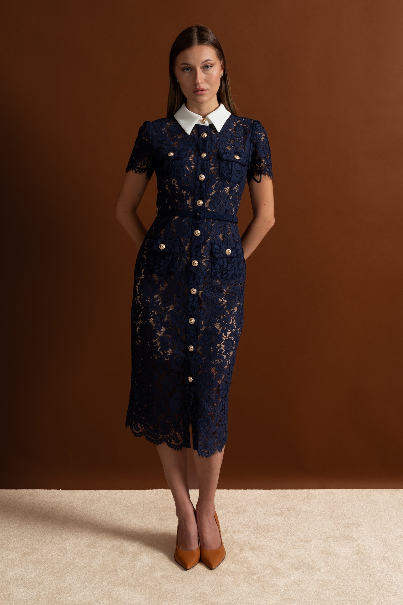 Floral Lace Midi Dress with Tailored Collar and Belted Waist - Navy