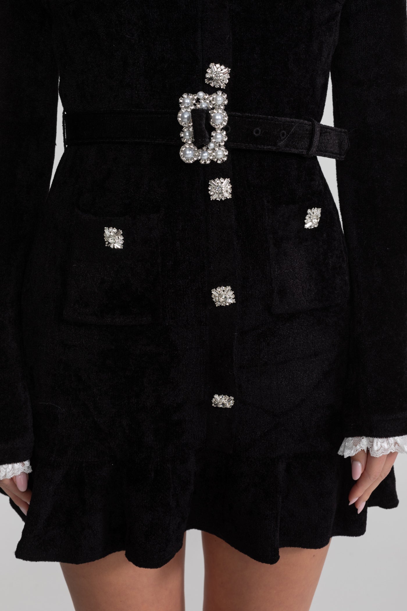 Knit Crystal-Button Mini Dress With Matching Belt – Black