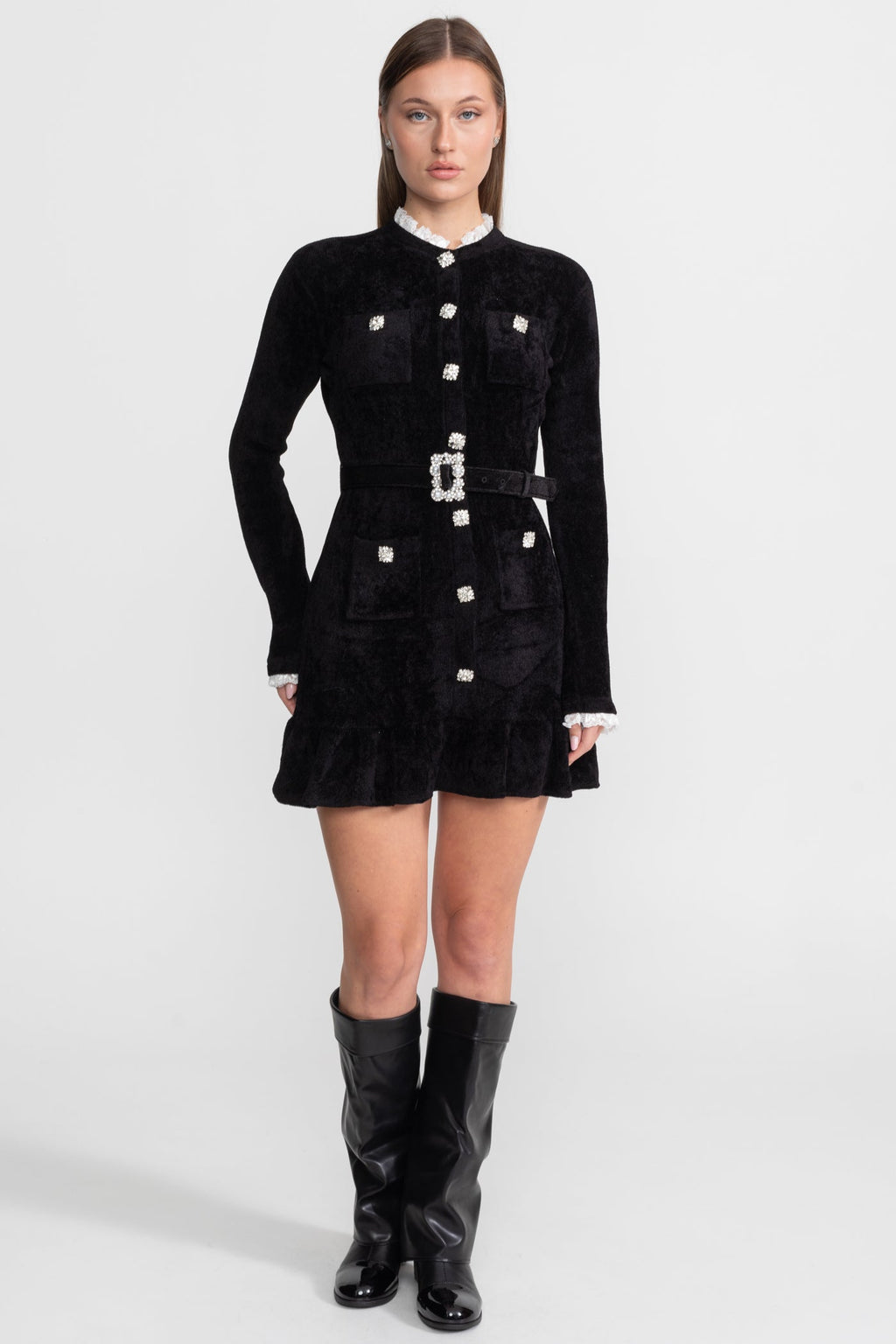 Knit Crystal-Button Mini Dress With Matching Belt – Black