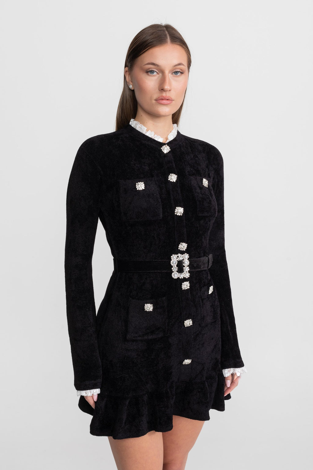 Knit Crystal-Button Mini Dress With Matching Belt – Black