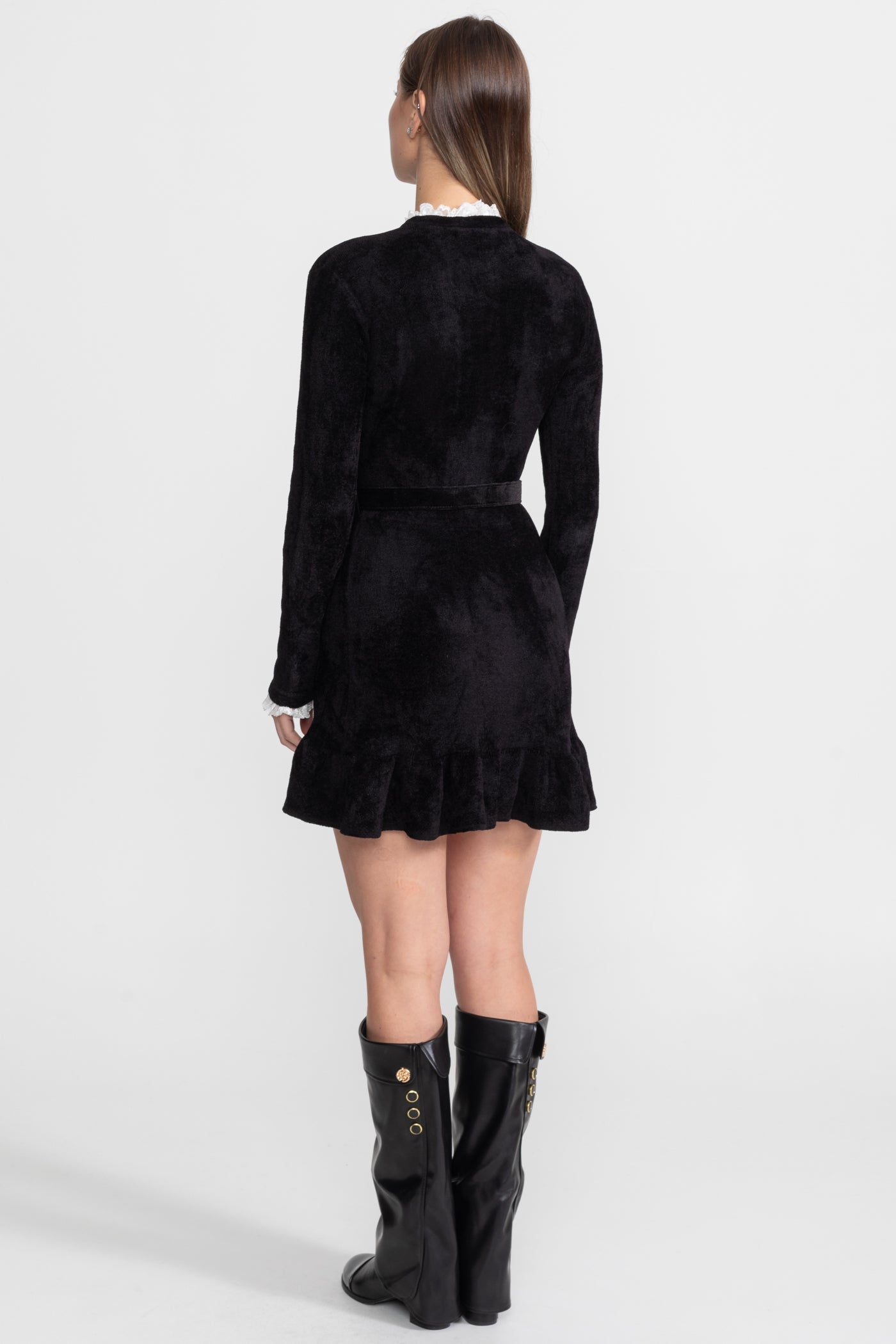 Knit Crystal-Button Mini Dress With Matching Belt – Black