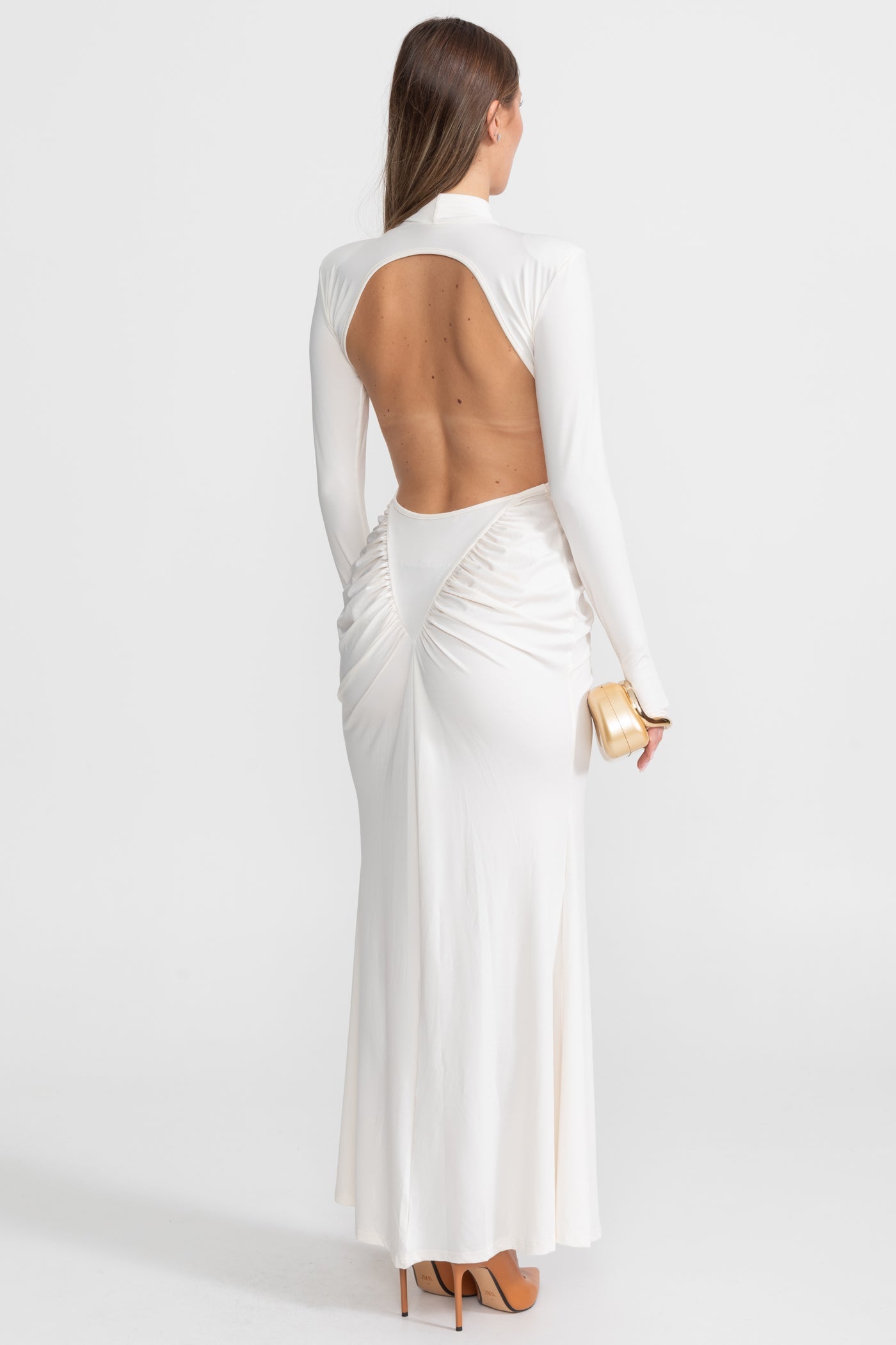 Ruched Maxi Dress With Side Cutouts – White