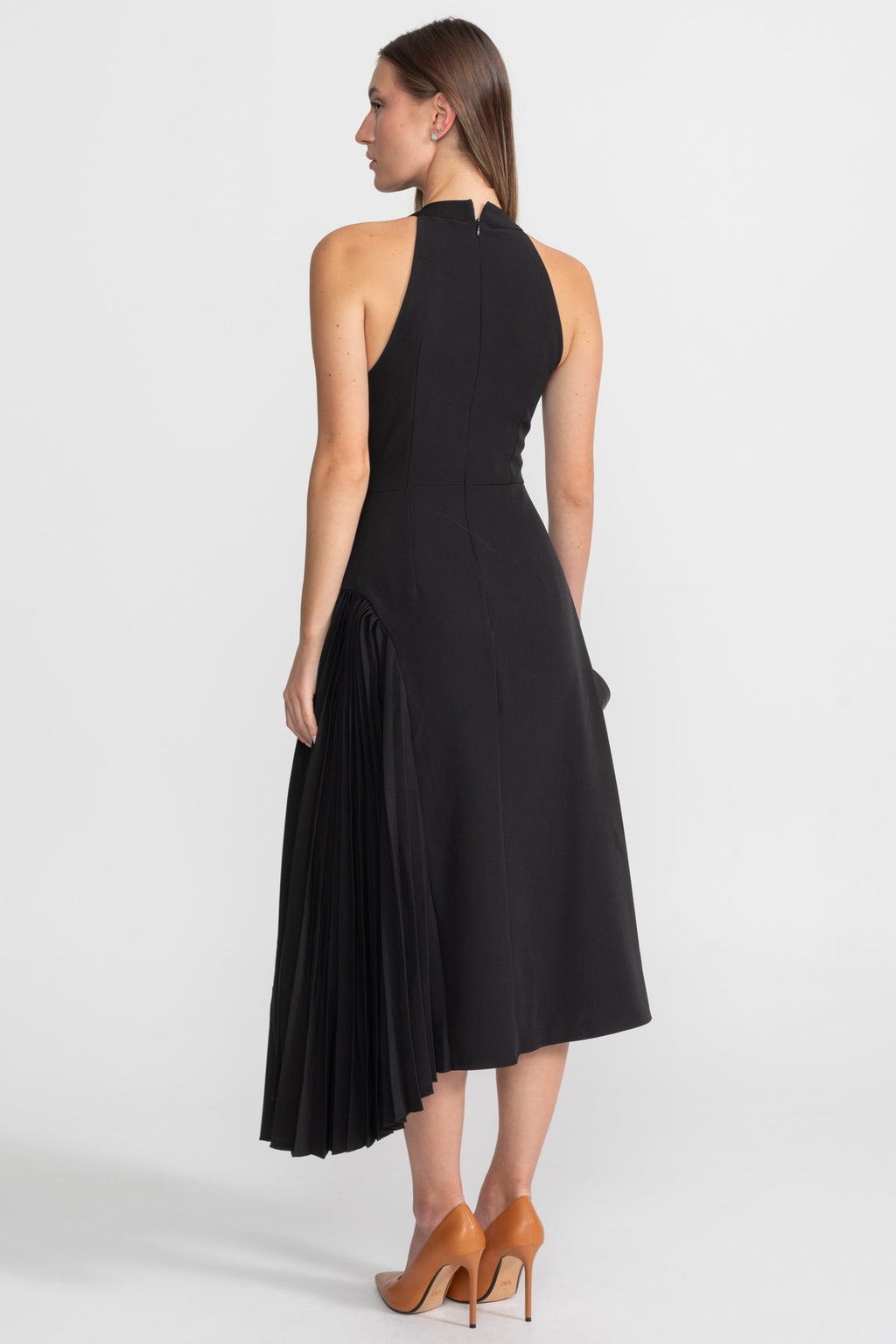 Pleated Halter Midi Dress With Keyhole Detail - Black