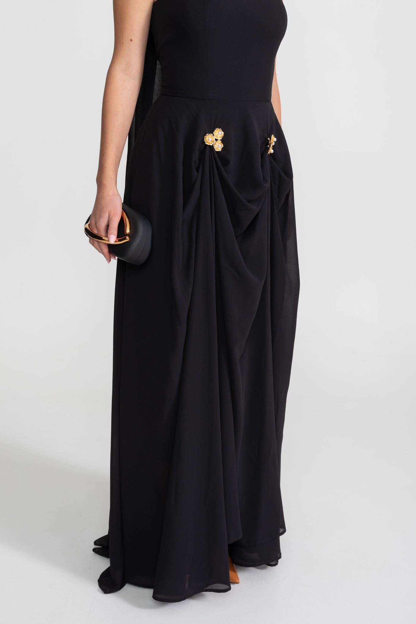 Strapless Draped Gown With Gold Flower Embellishments – Black