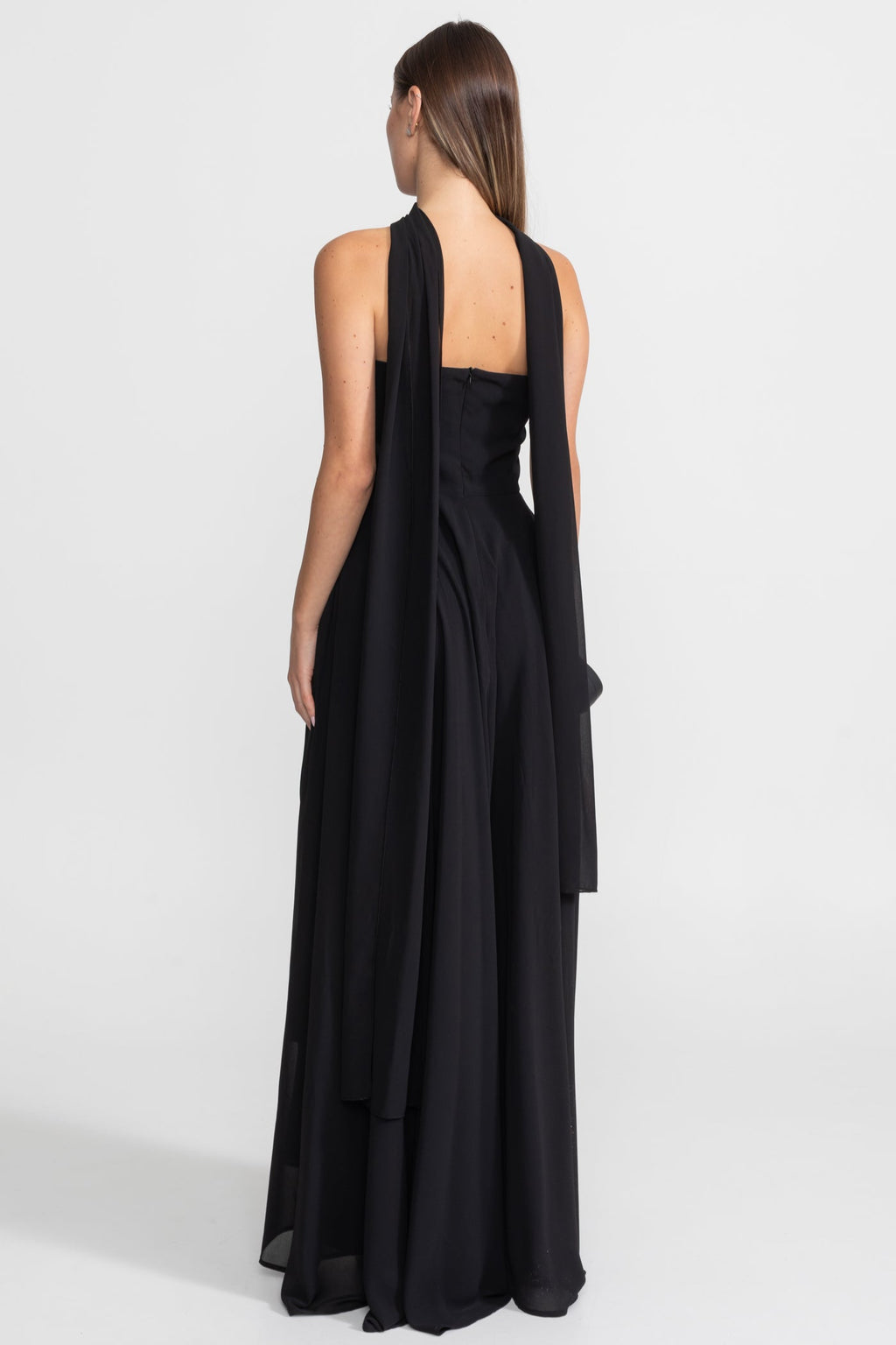 Strapless Draped Gown With Gold Flower Embellishments – Black