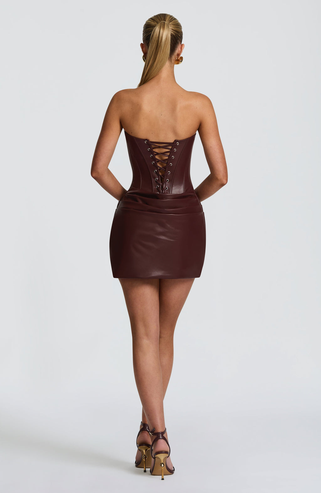 Agnes Brown Ruched Leather Bodycon Winter Mini Dress