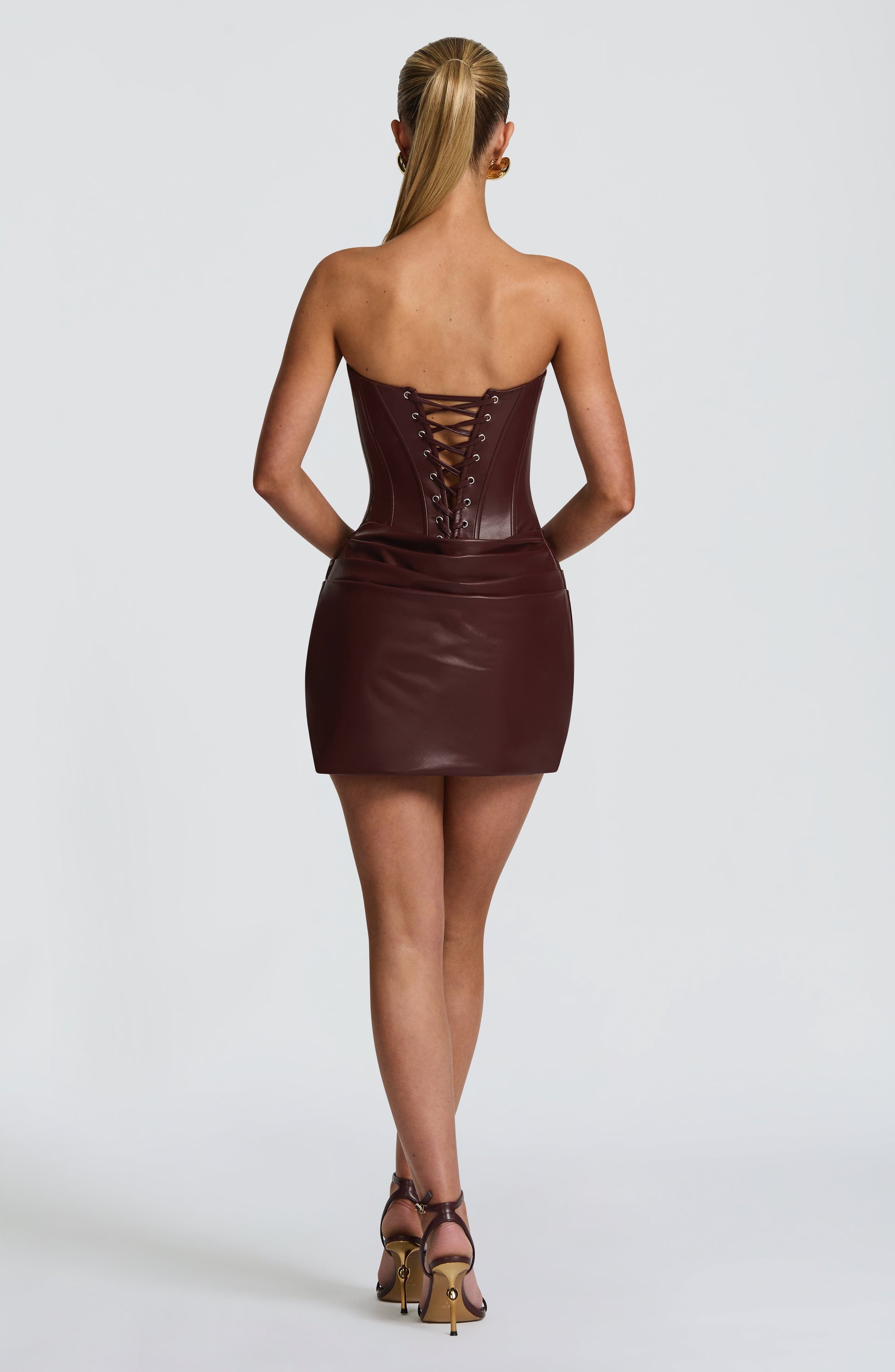Agnes Brown Ruched Leather Bodycon Winter Mini Dress