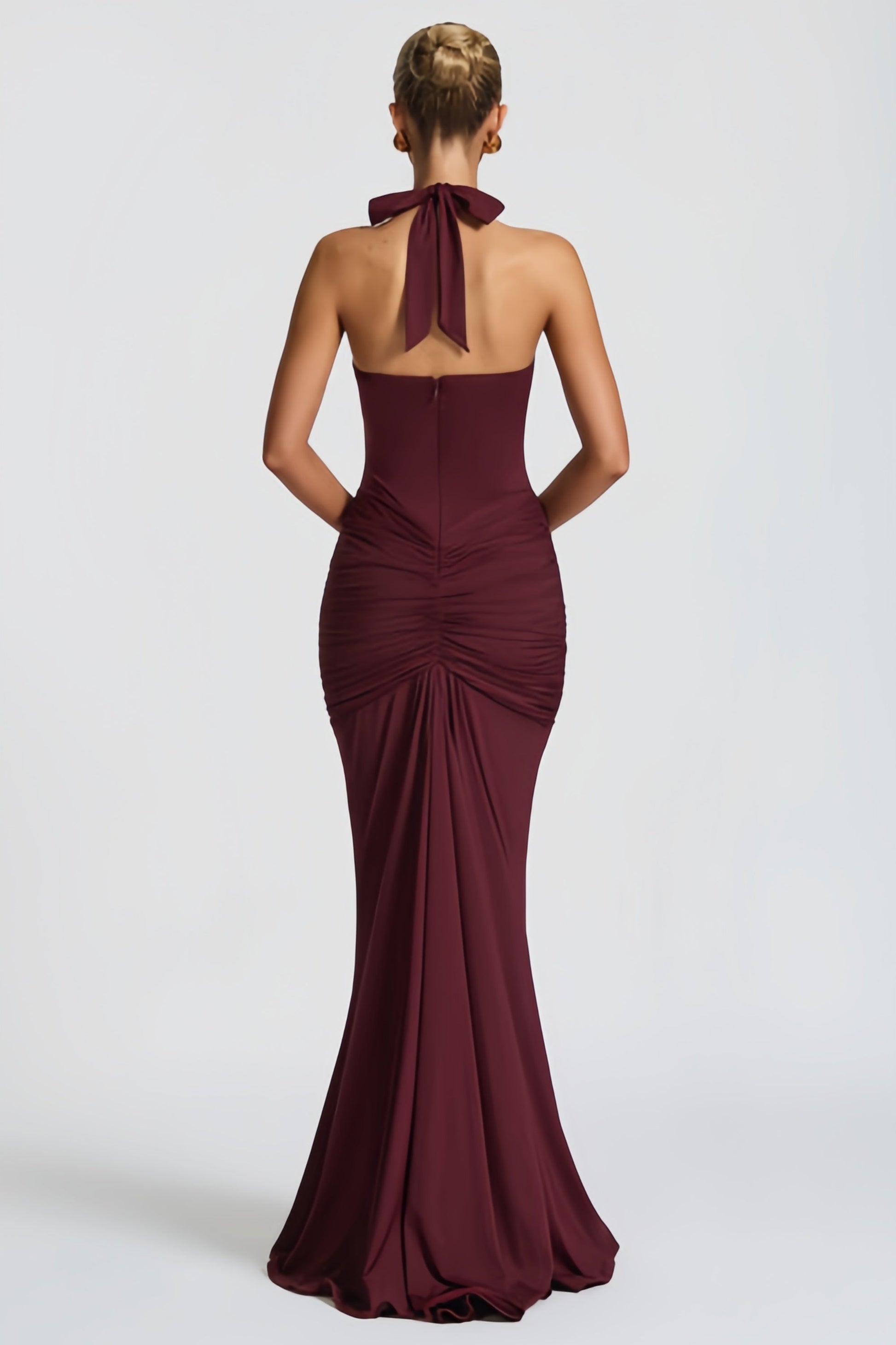 Aiglantine Burgundy Halterneck Ruched Maxi Dress