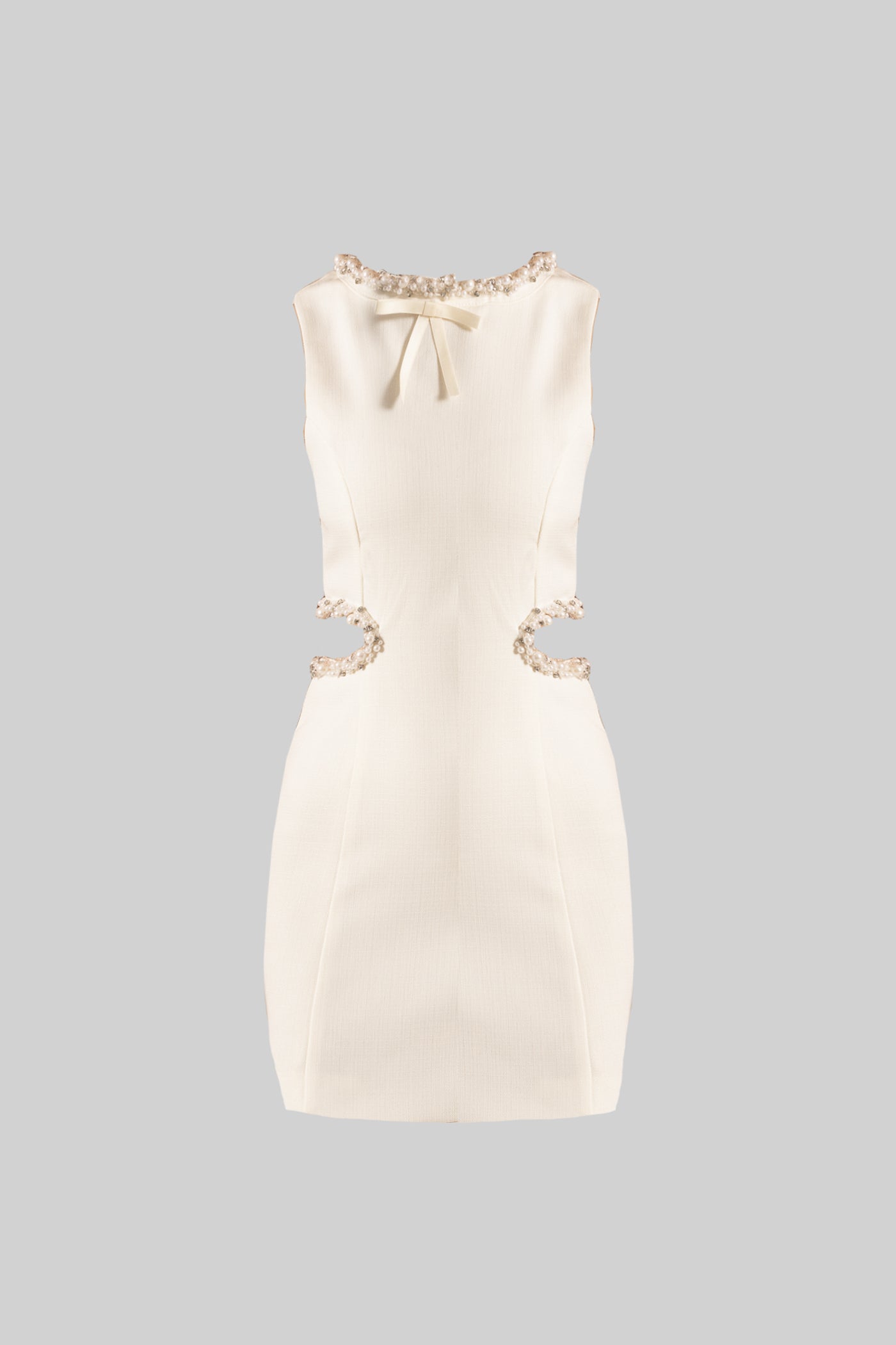 Elegant Mini Dress With Side Cutouts And Pearl Detailing - White