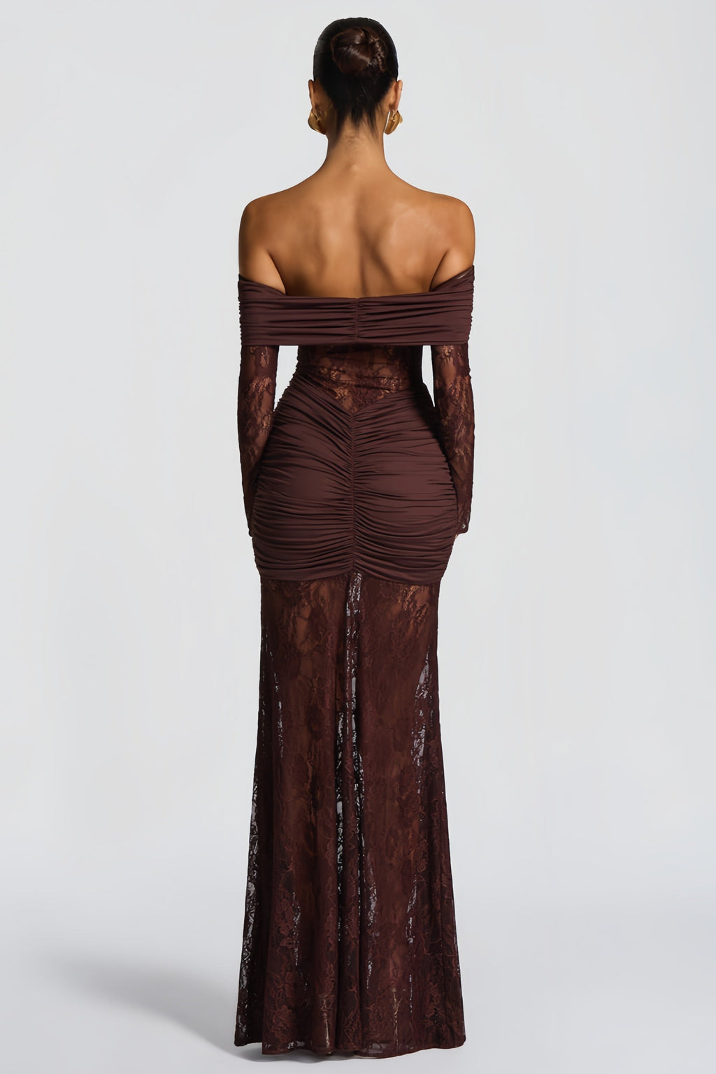 Brigitte Brown Lace Panel Ruched Maxi Dress