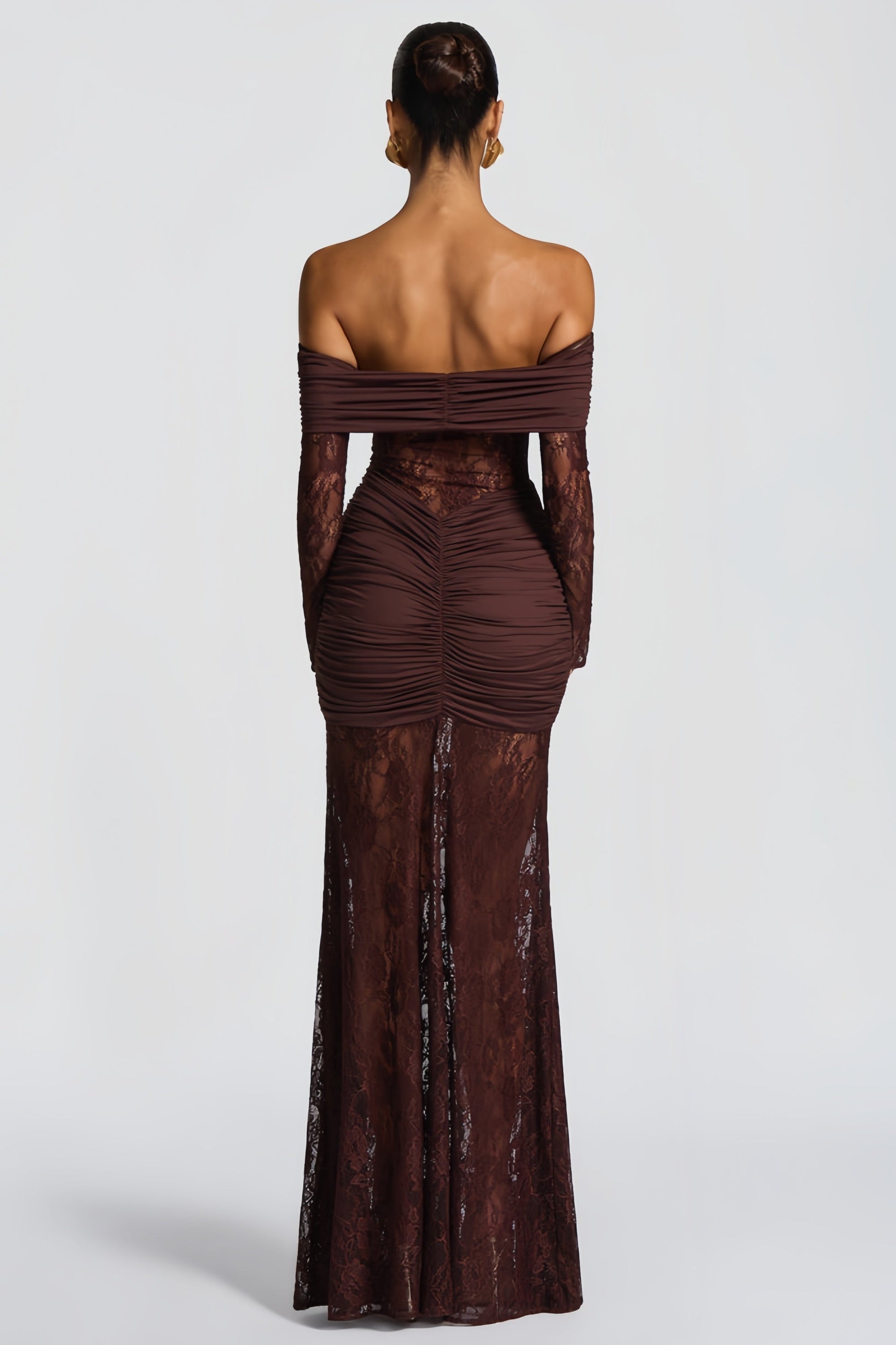 Brigitte Brown Lace Panel Ruched Maxi Dress