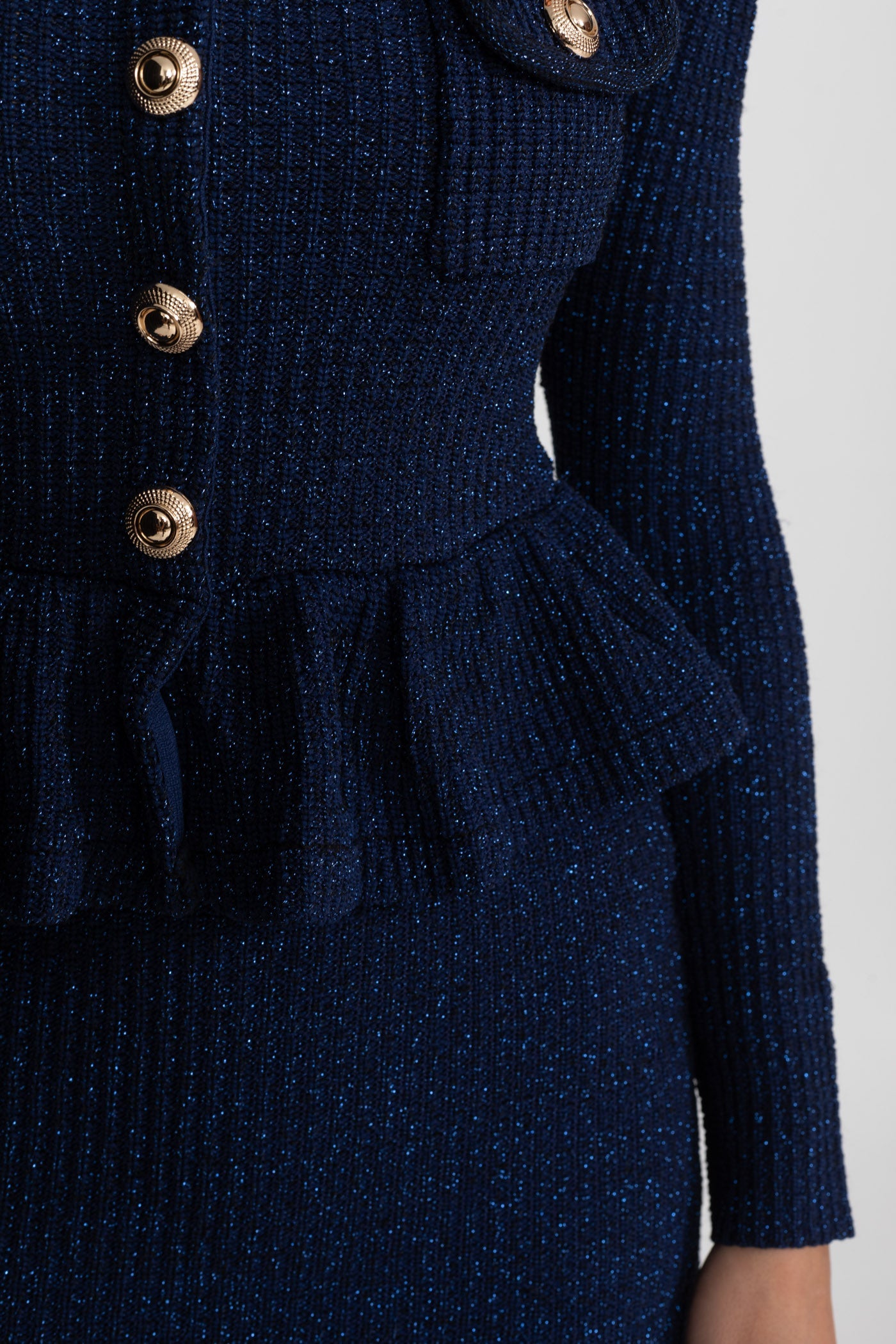 Textured Knit Dress with Peplum Waist and Gold Buttons - Dark Blue