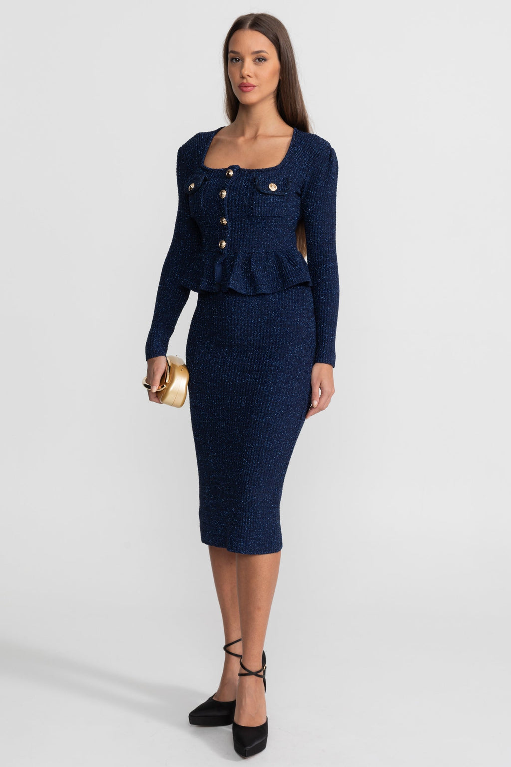Textured Knit Dress with Peplum Waist and Gold Buttons - Dark Blue