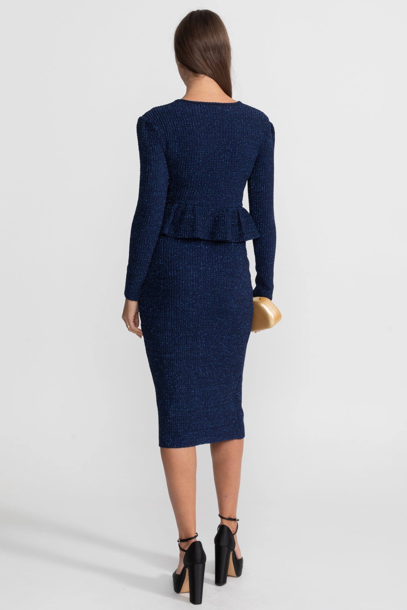 Textured Knit Dress with Peplum Waist and Gold Buttons - Dark Blue