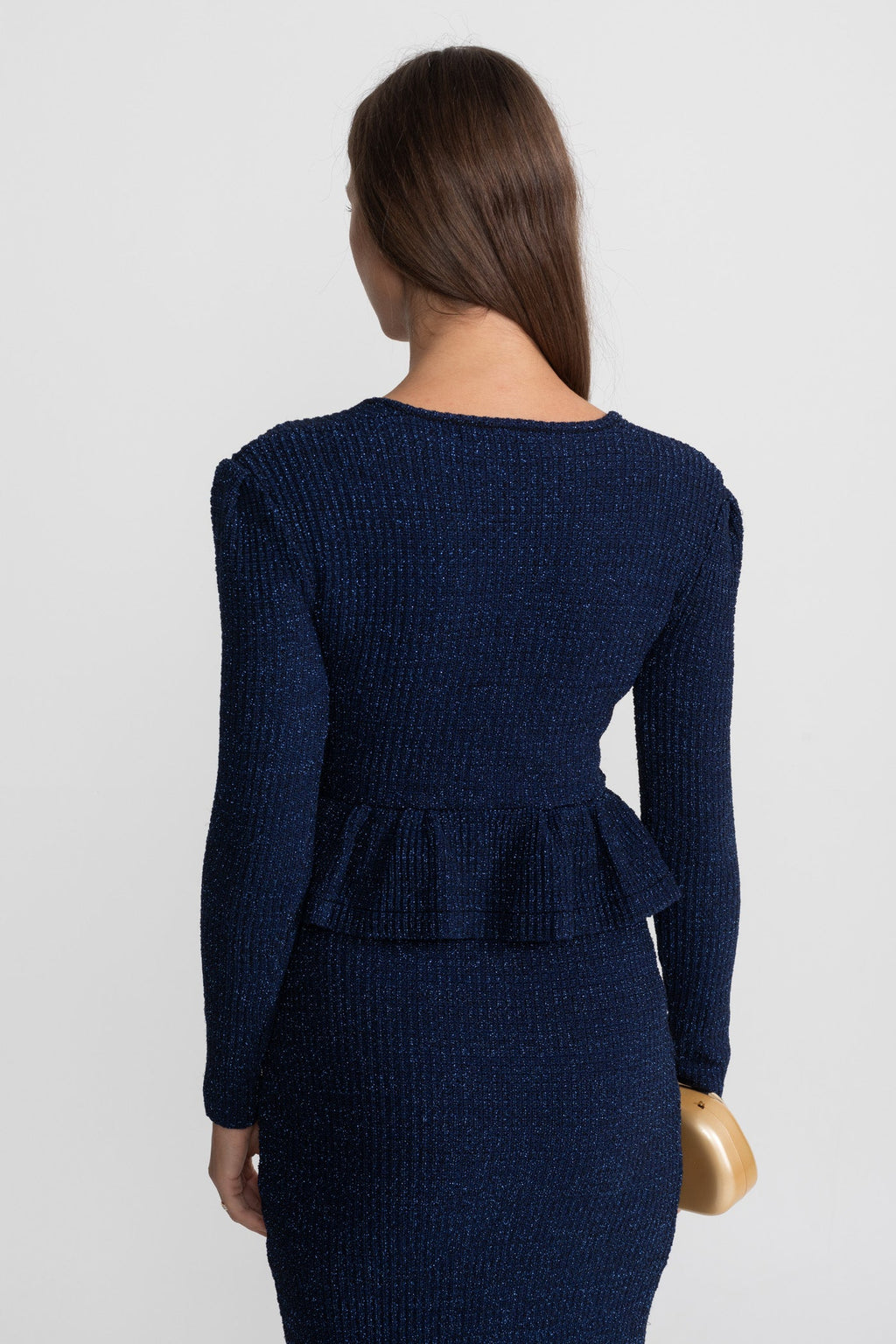 Textured Knit Dress with Peplum Waist and Gold Buttons - Dark Blue