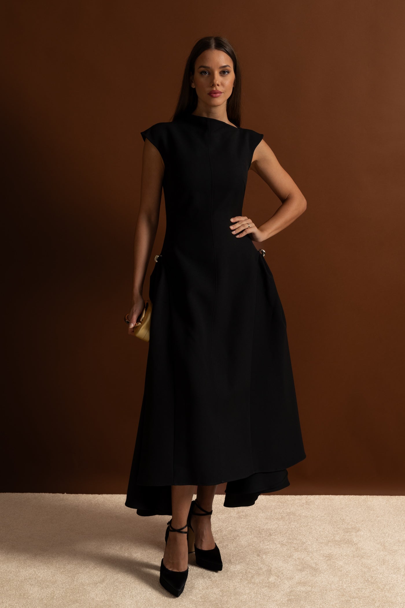Structured Midi Dress with High-Low Hem and Metal Ring Details - Black