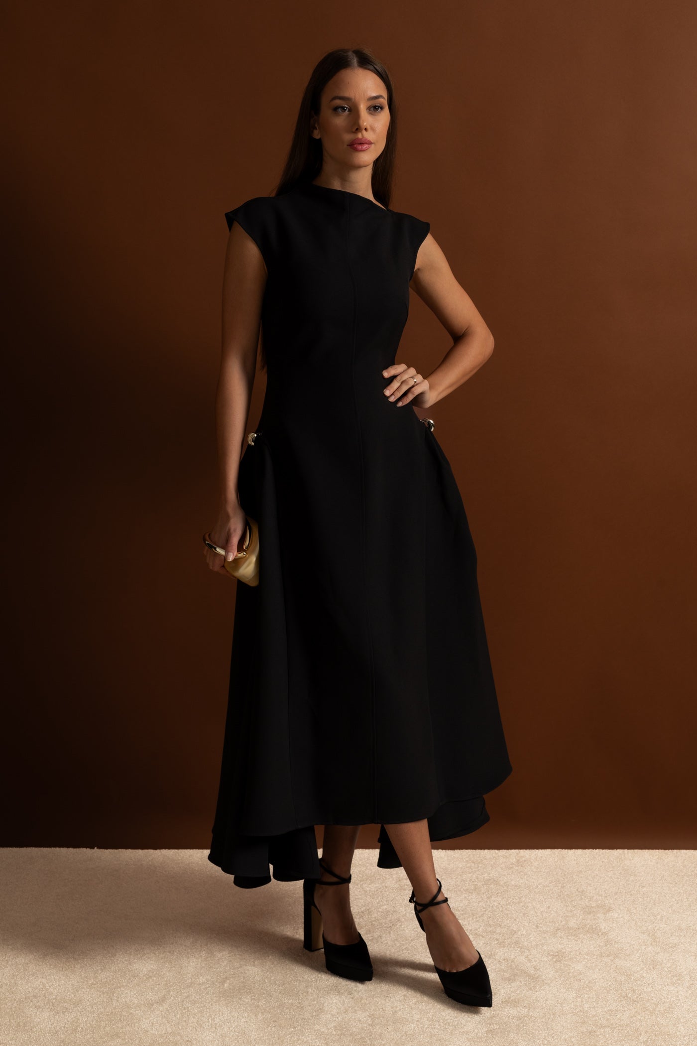 Structured Midi Dress with High-Low Hem and Metal Ring Details - Black