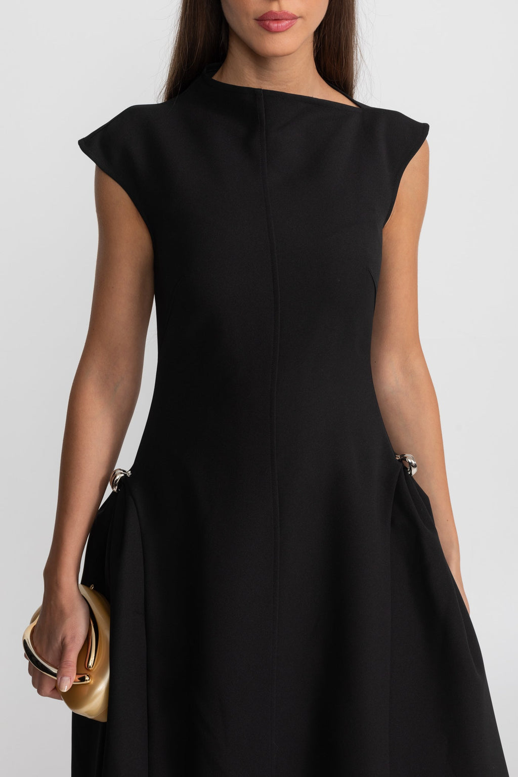 Structured Midi Dress with High-Low Hem and Metal Ring Details - Black