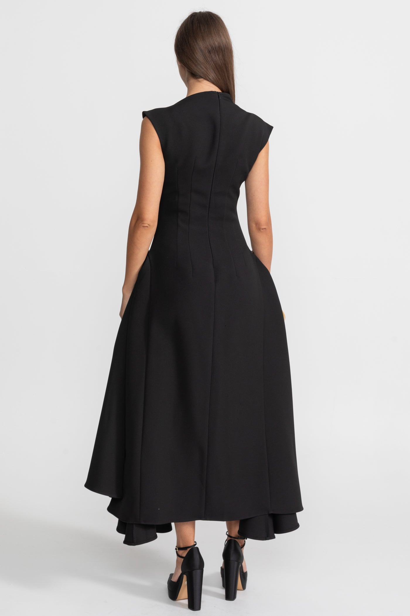 Structured Midi Dress with High-Low Hem and Metal Ring Details - Black