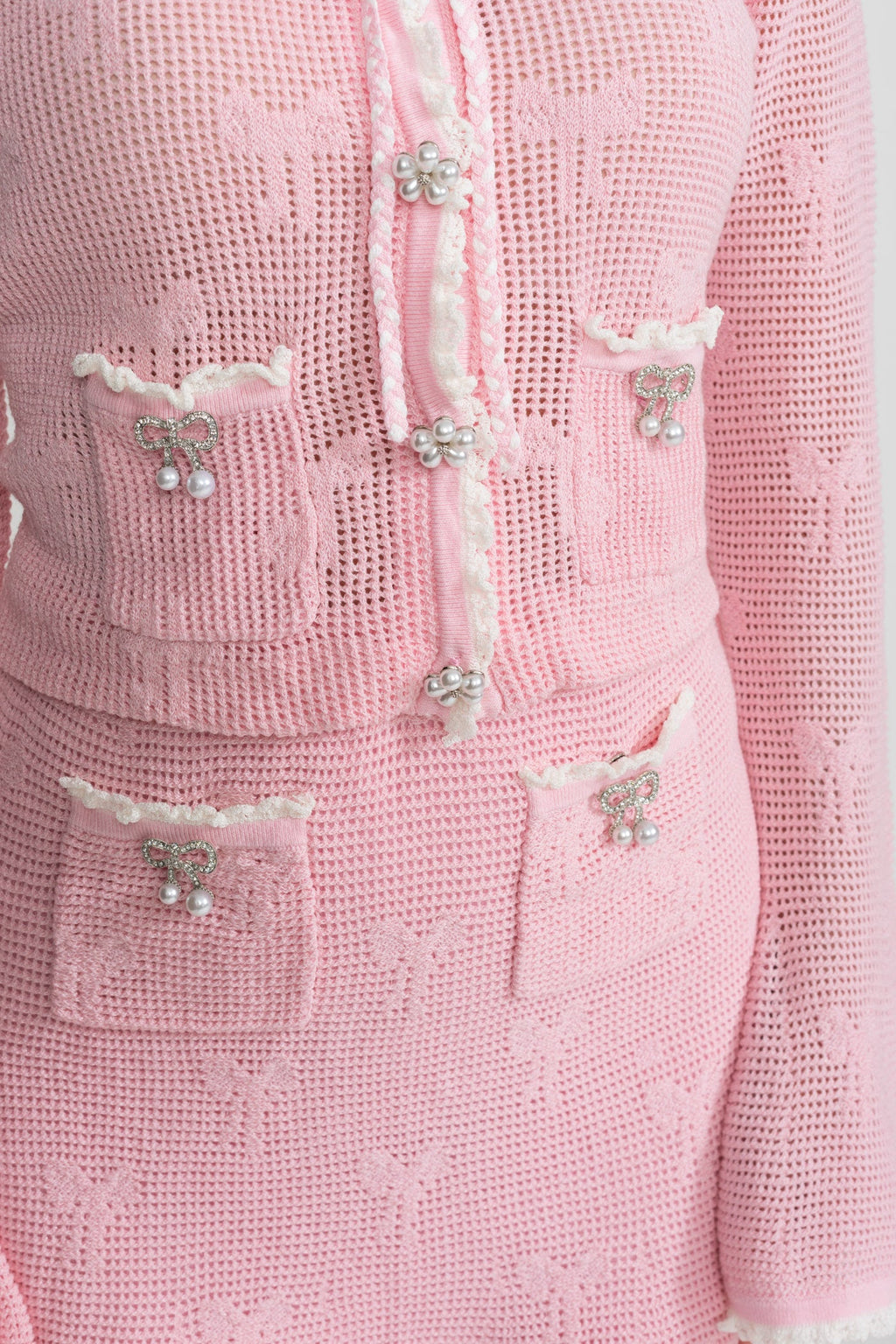 Knit Co-ord Set With Pearl and Bow Detailing – Baby Pink