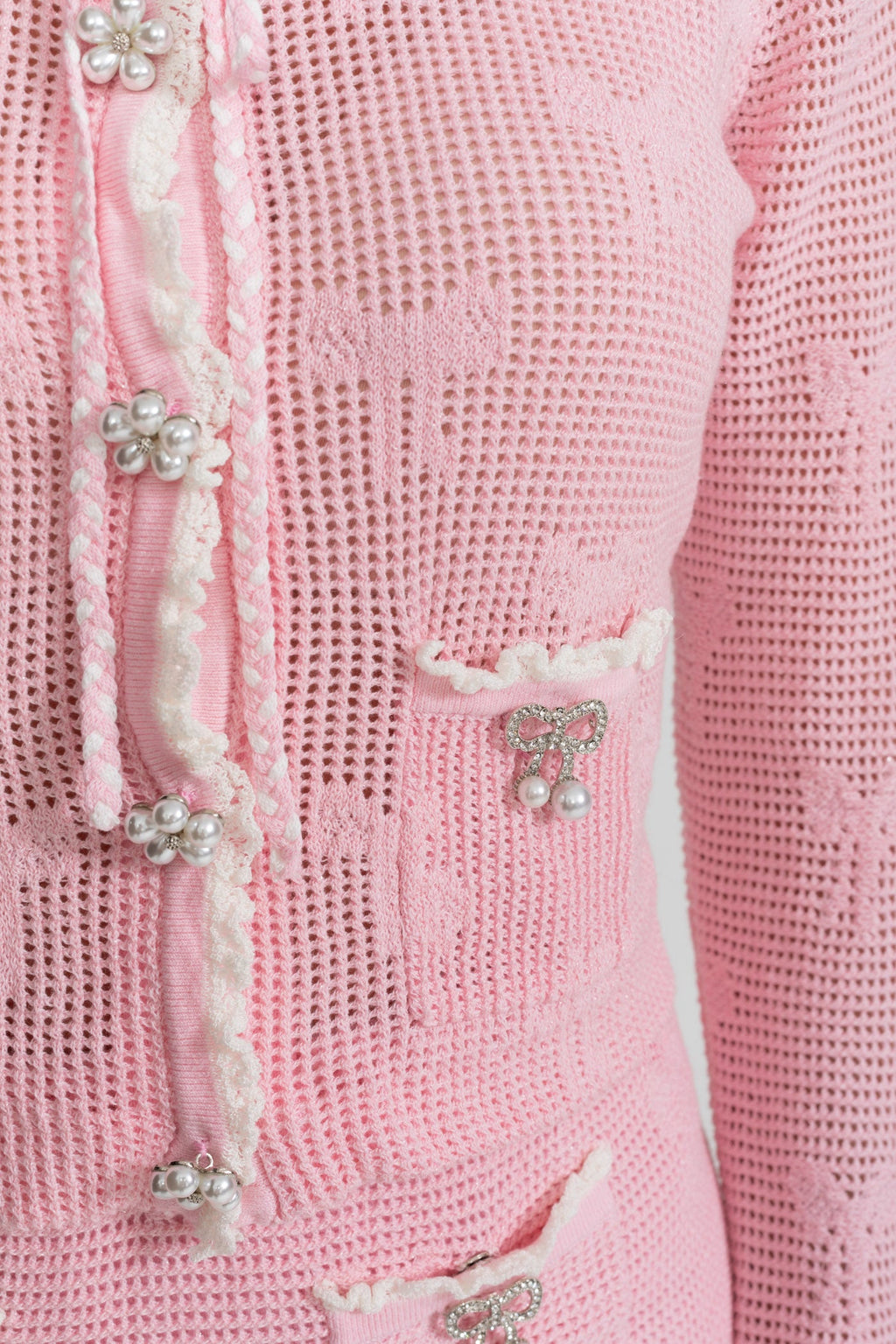 Knit Co-ord Set With Pearl and Bow Detailing – Baby Pink