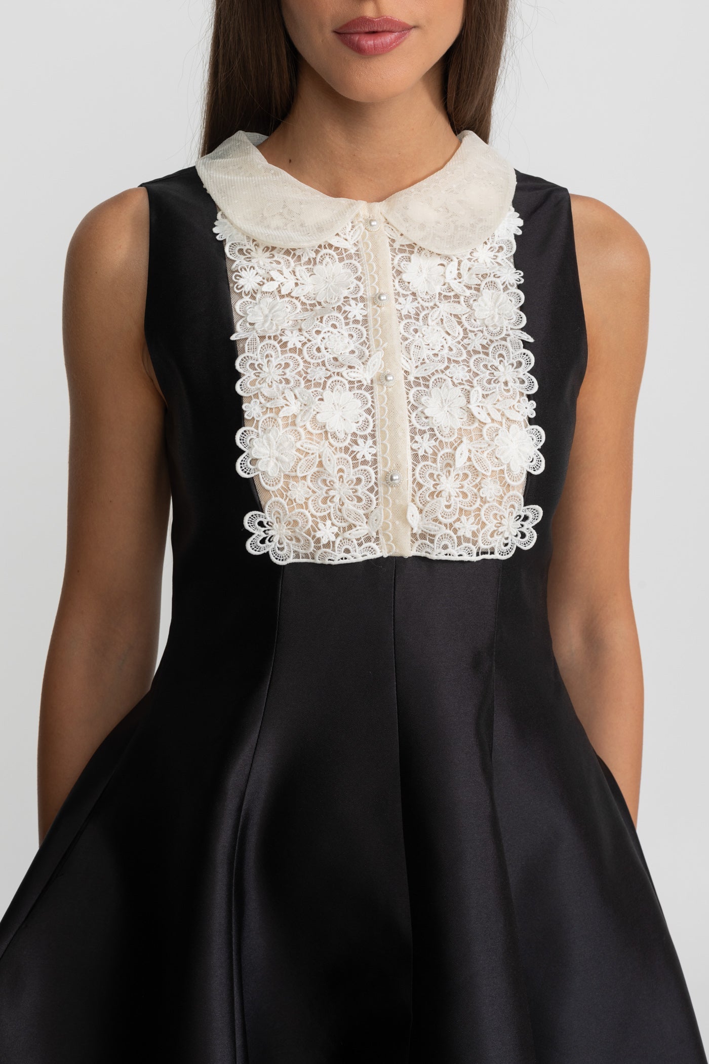 A-Line Mini Dress with Lace Bib – Black