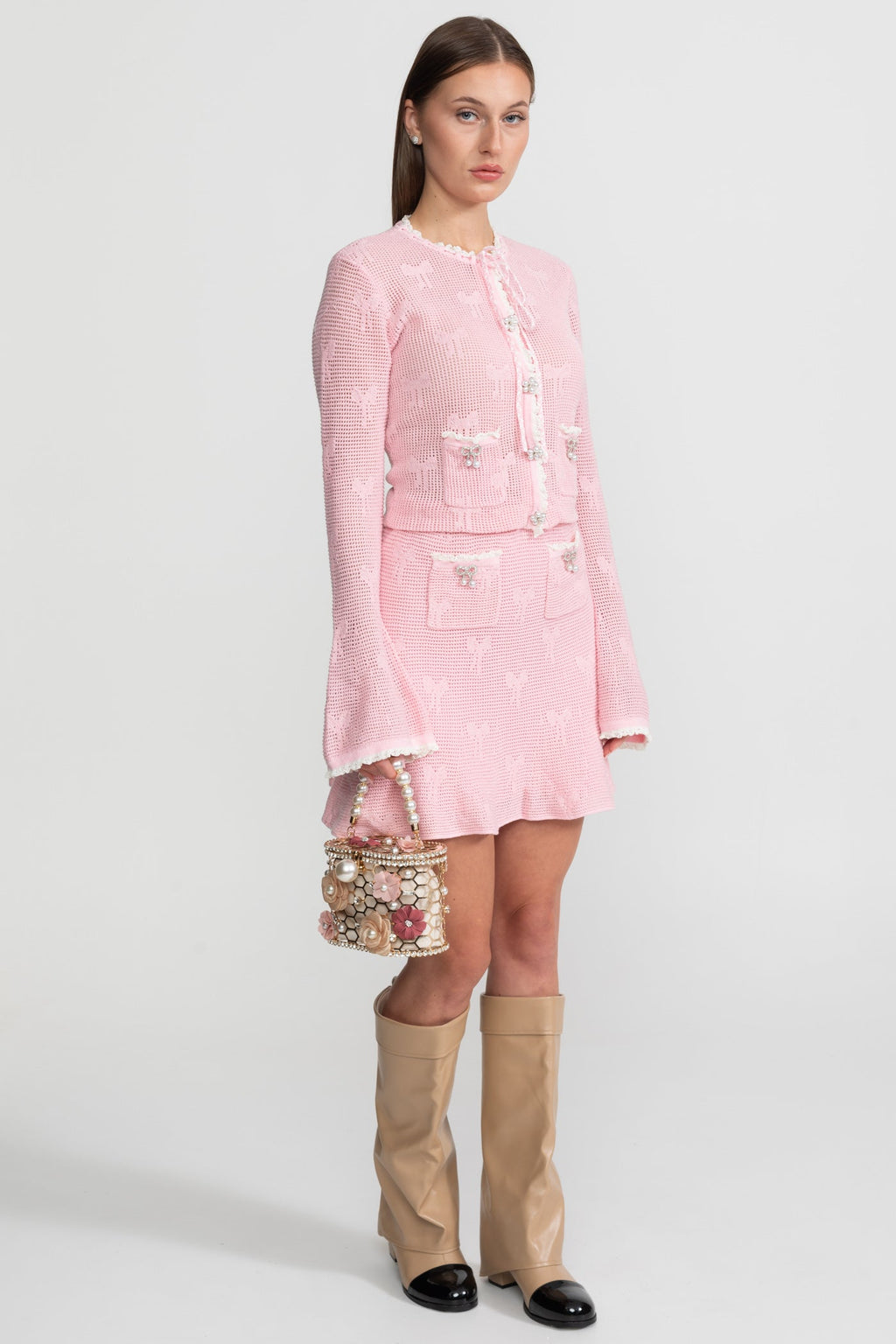 Knit Co-ord Set With Pearl and Bow Detailing – Baby Pink