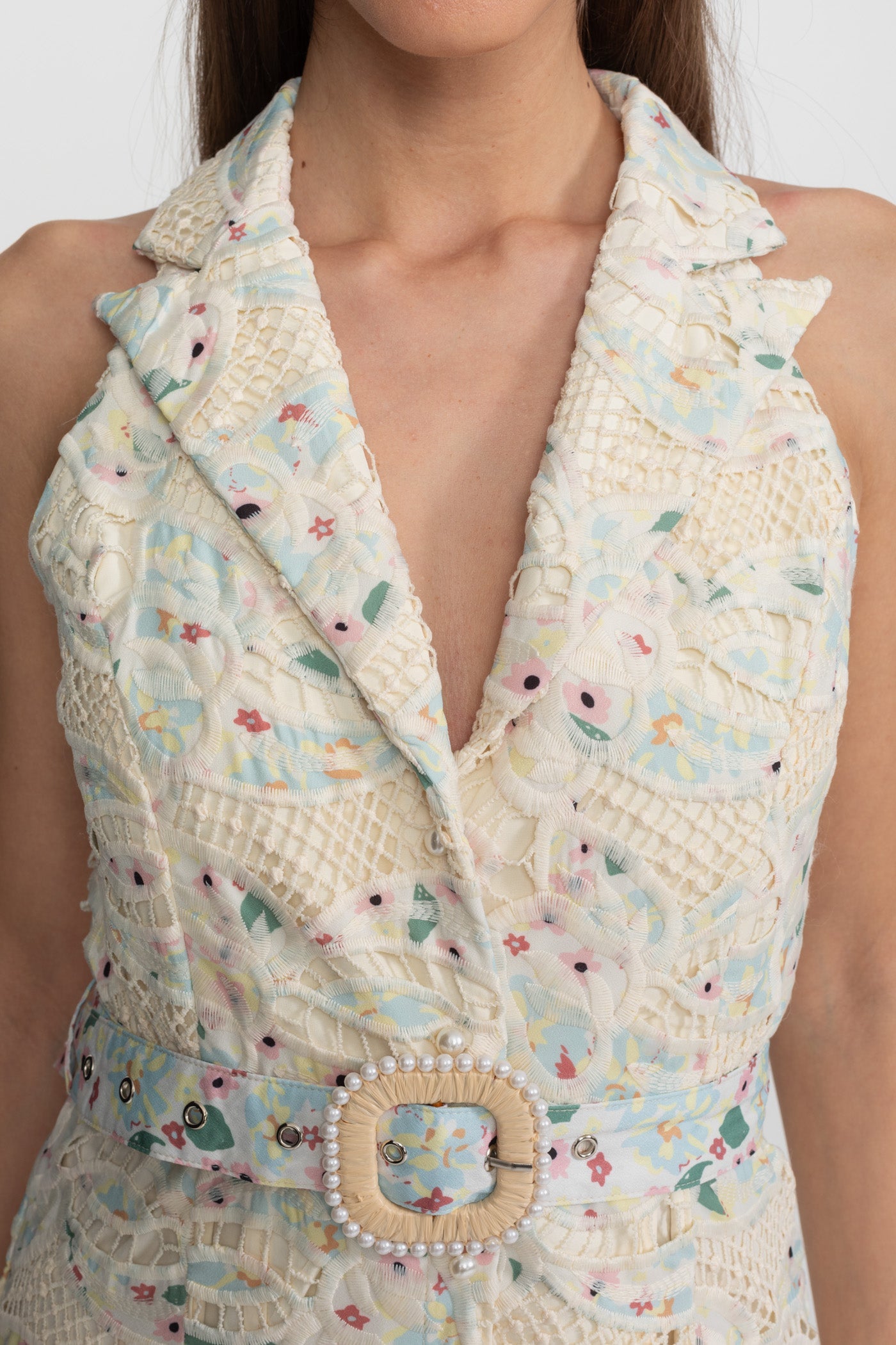 Halter Lace Midi Dress with Belted Waist – Ivory