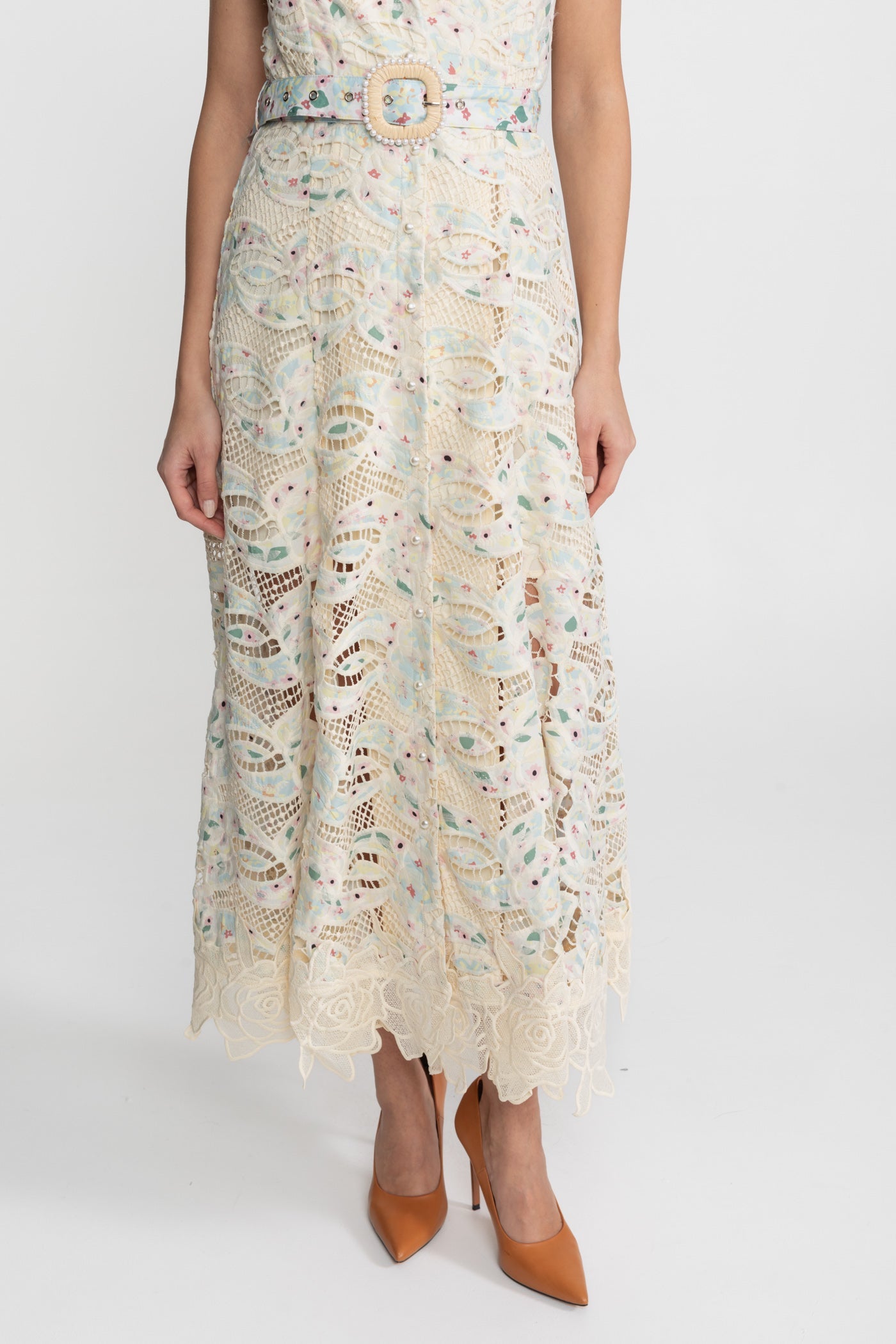 Halter Lace Midi Dress with Belted Waist – Ivory