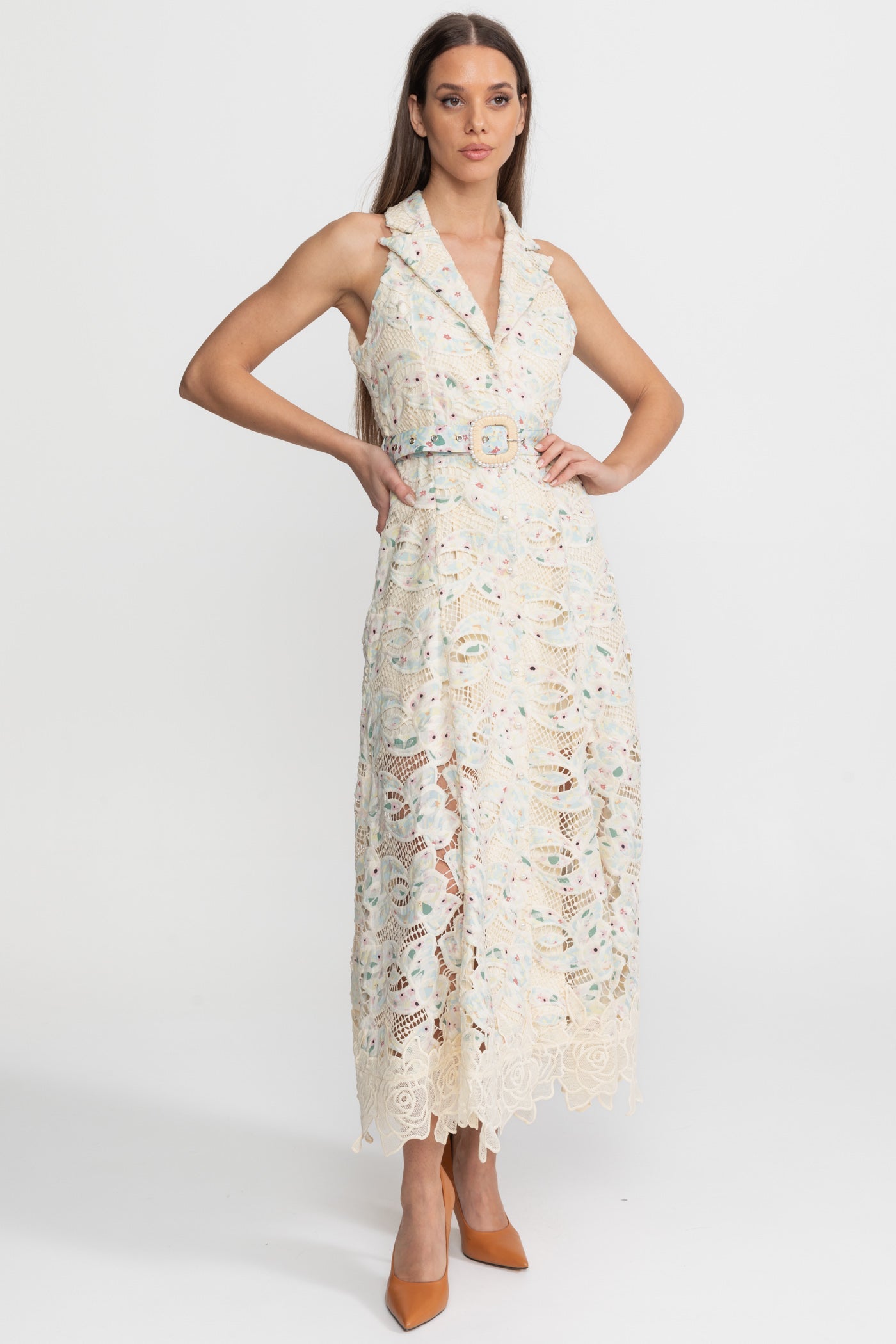 Halter Lace Midi Dress with Belted Waist – Ivory