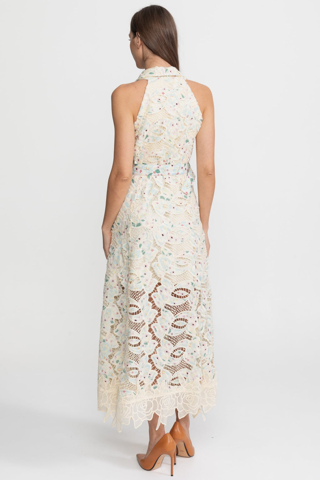 Halter Lace Midi Dress with Belted Waist – Ivory