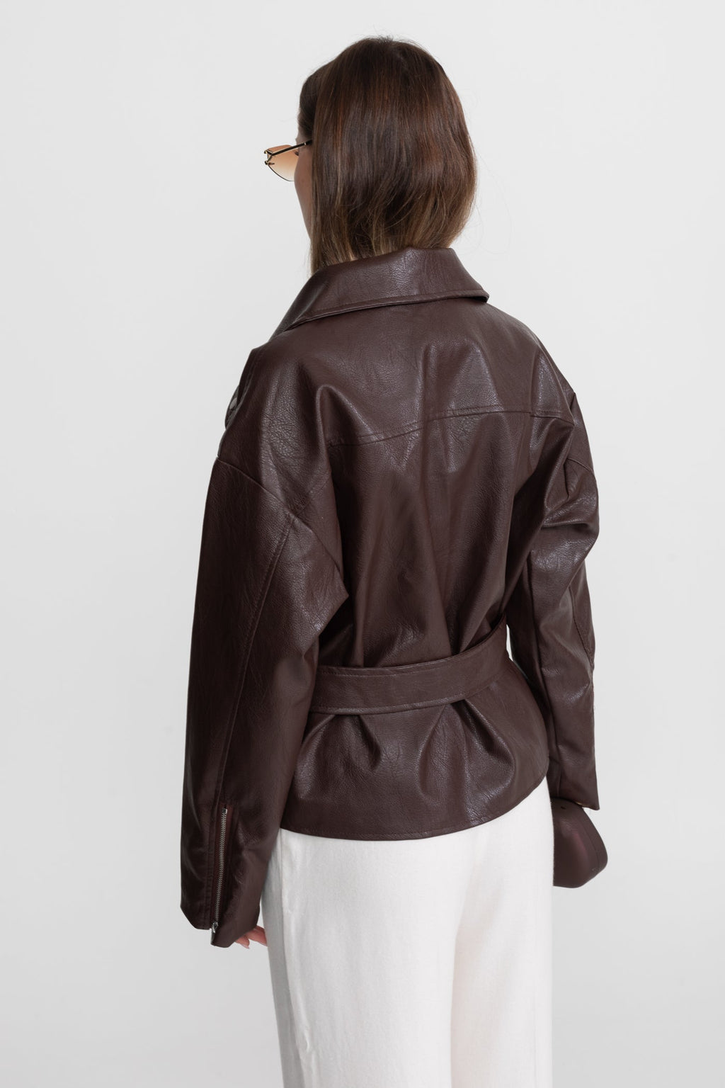 Belted Biker Jacket With Wide Lapels – Chocolate Brown