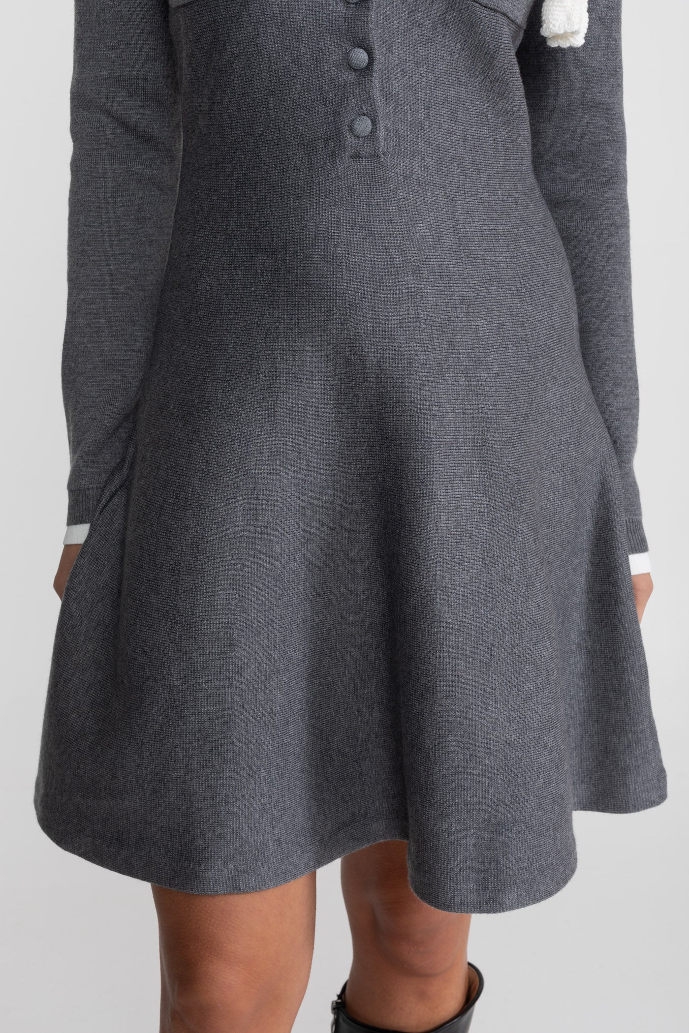 Mini Dress with Contrast Collar and Floral Brooch - Grey