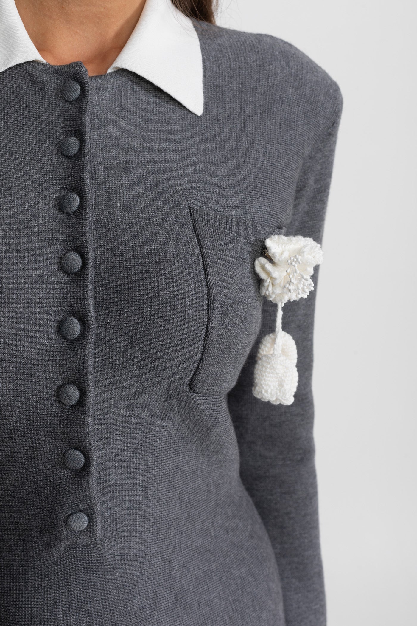 Mini Dress with Contrast Collar and Floral Brooch - Grey