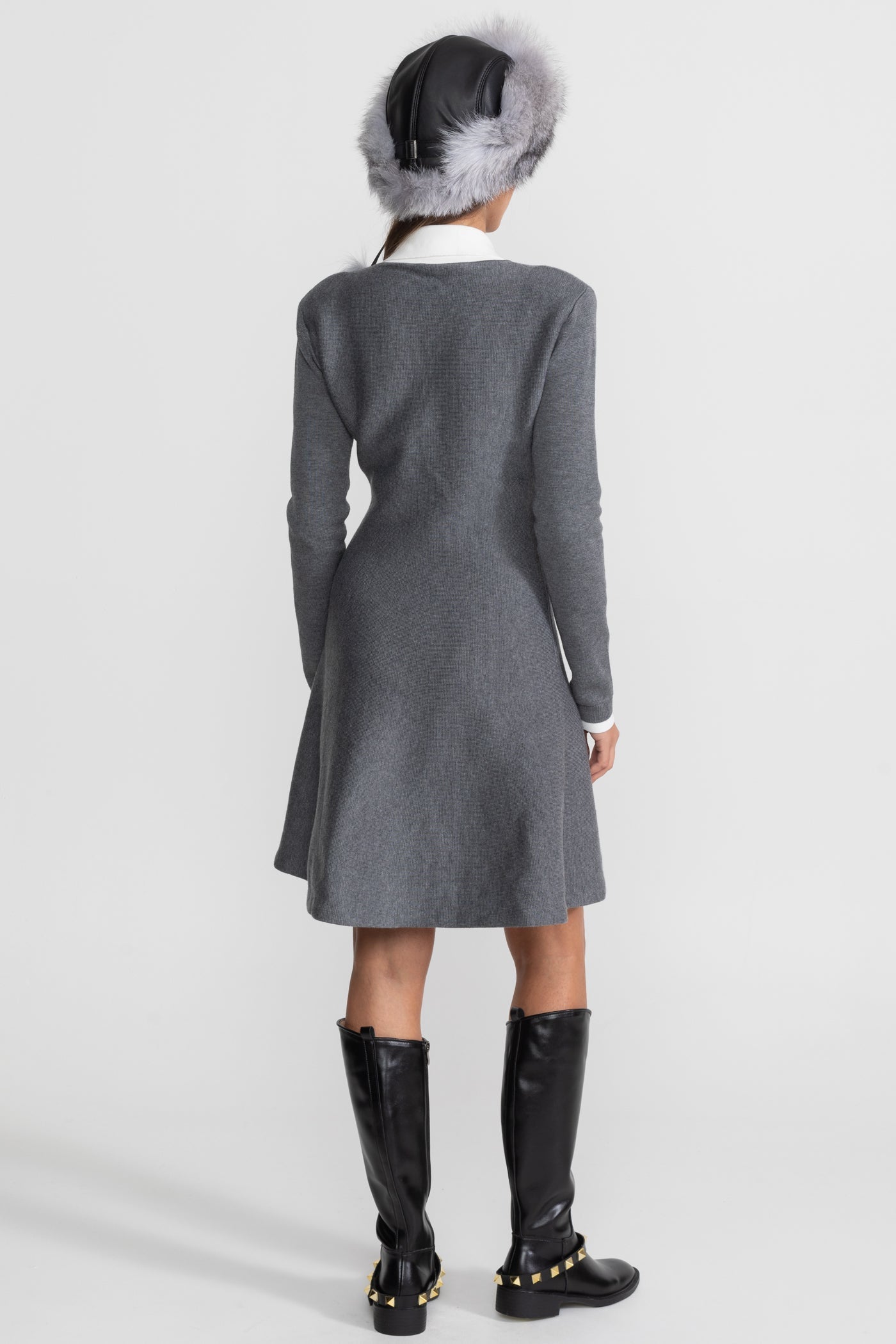 Mini Dress with Contrast Collar and Floral Brooch - Grey