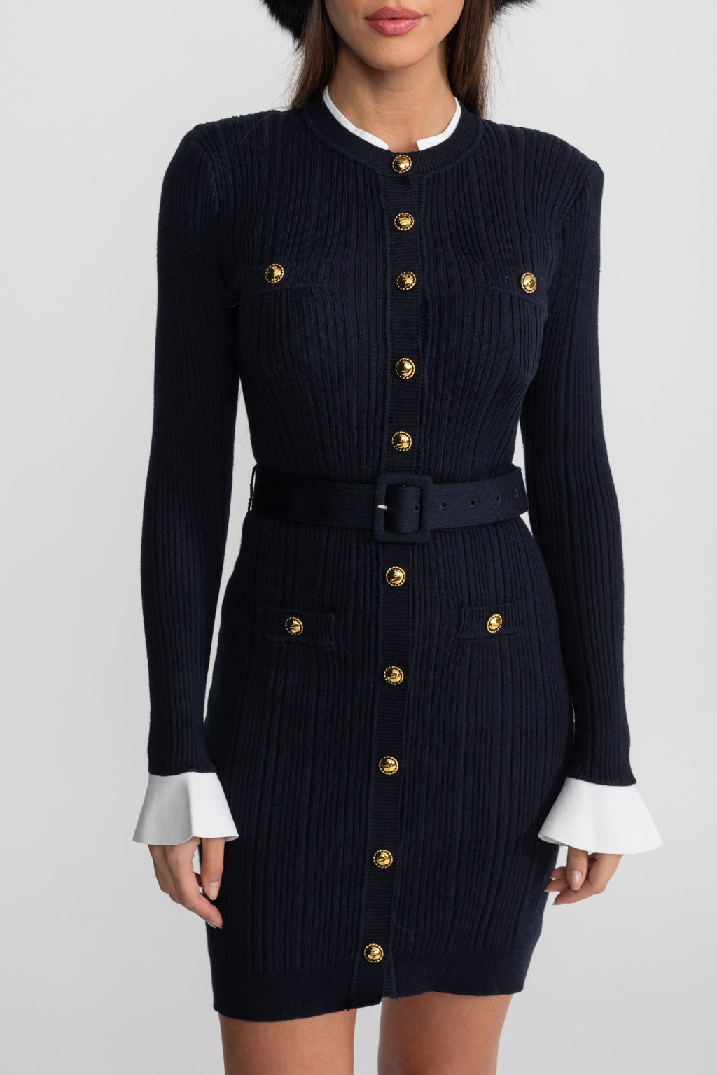 Ribbed Knit Mini Dress with Gold Button Fastening - Dark Blue