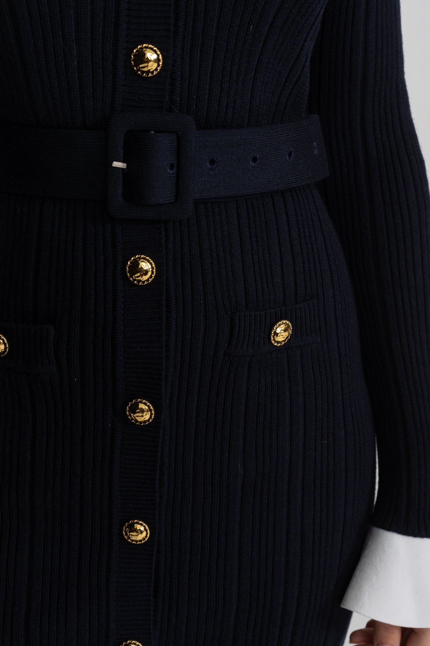 Ribbed Knit Mini Dress with Gold Button Fastening - Dark Blue