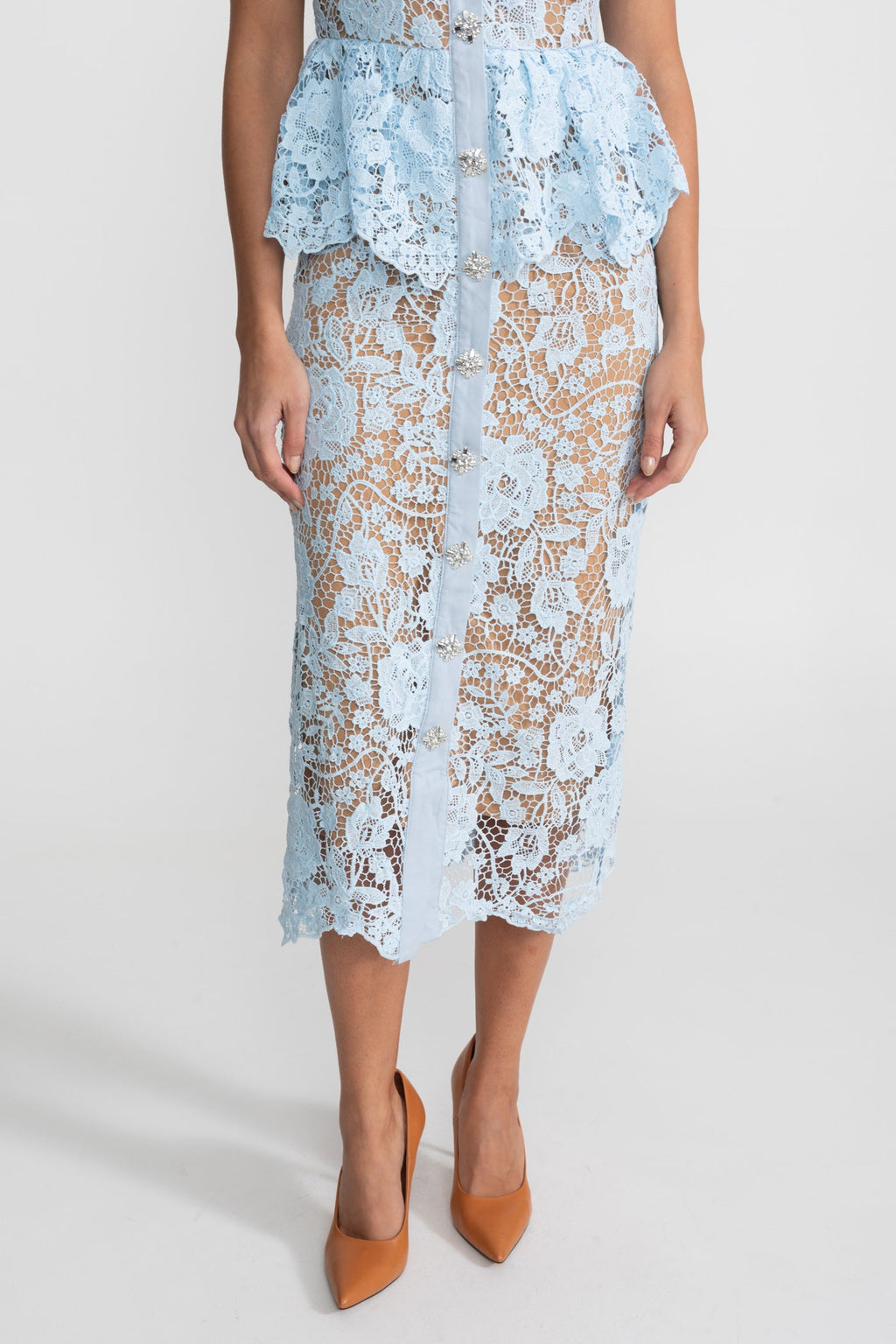 Lace Midi Dress with Peplum Waist and Satin Collar - Baby Blue