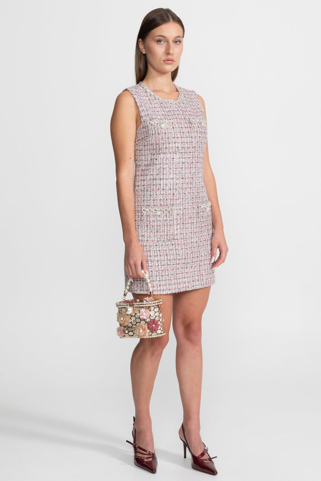 Sleeveless Tweed Mini Dress - Pink