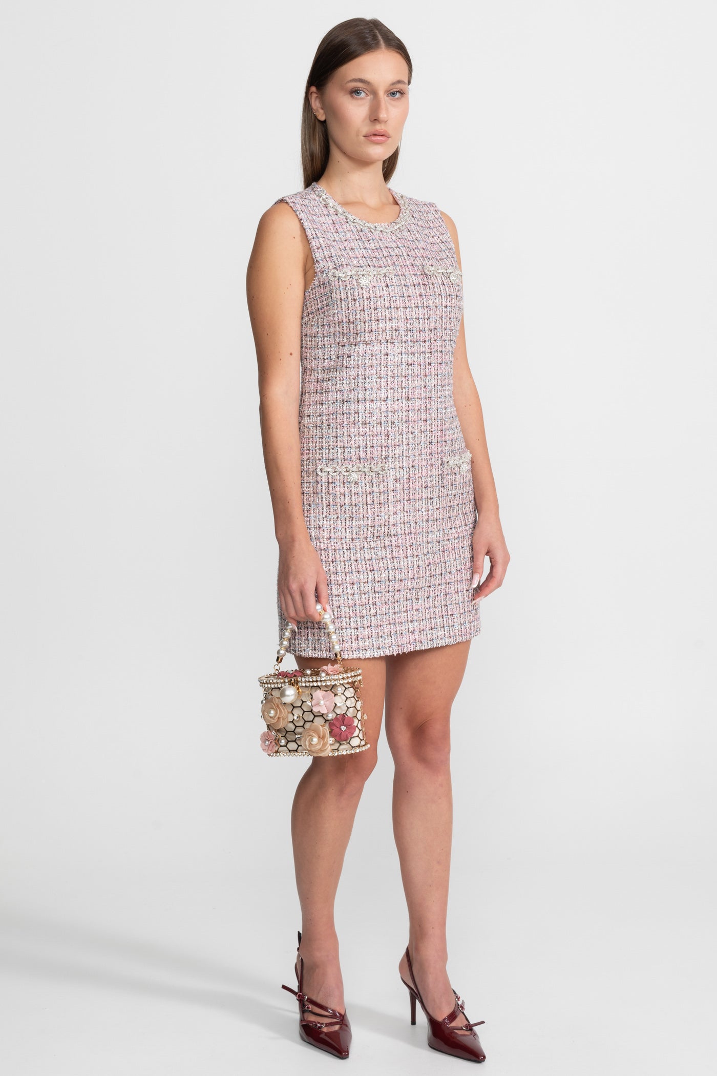 Sleeveless Tweed Mini Dress - Pink
